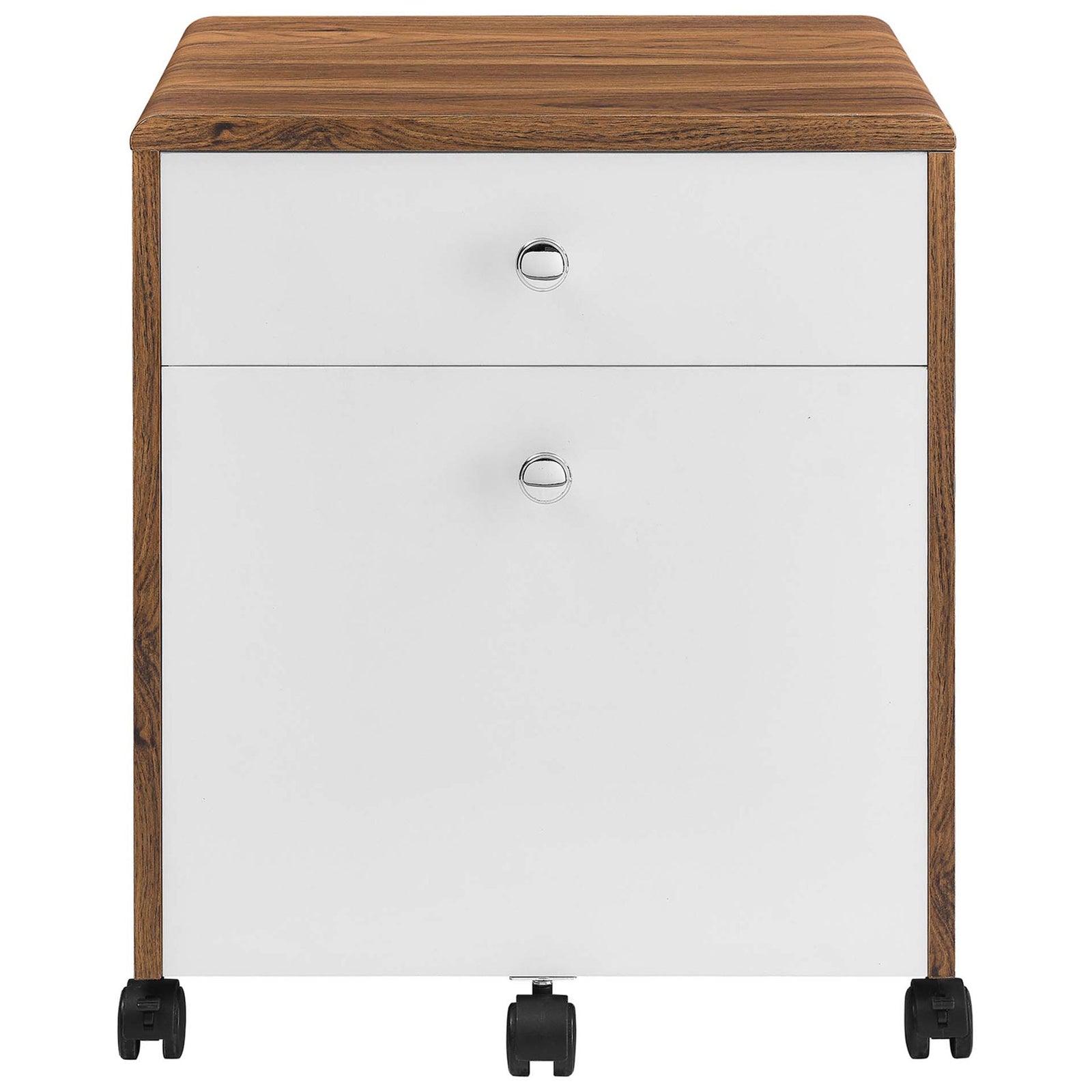 Walnut and white two-drawer file cabinet with sleek chrome knobs and smooth-rolling casters || EEI-5705-WAL-WHI || front_studio
