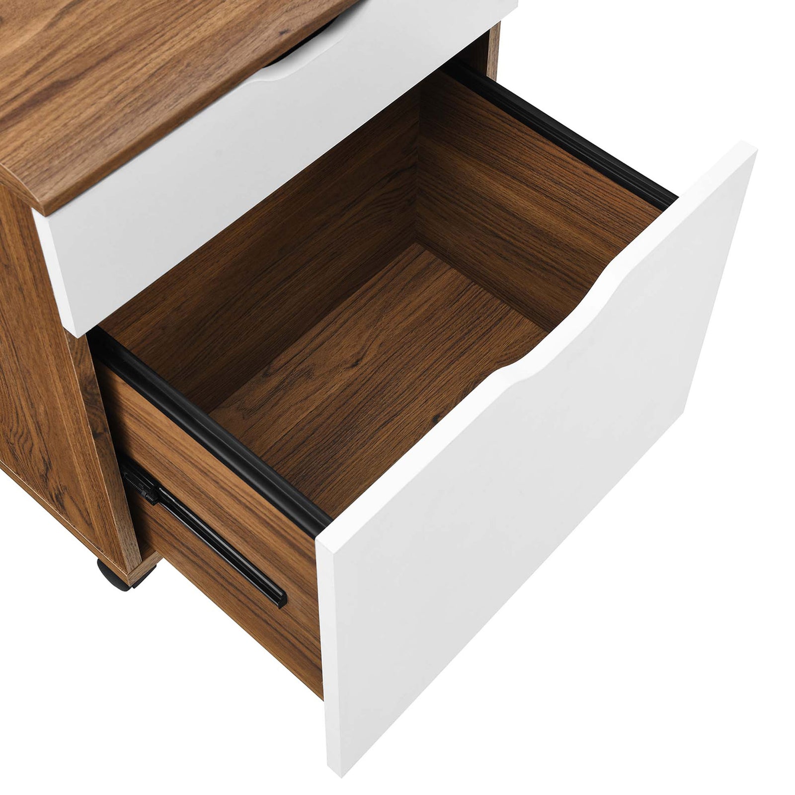Deep lower drawer is sized for hanging file folders, keeping paperwork organized and within easy reach. || EEI-5706-WAL-WHI || storage_open_studio