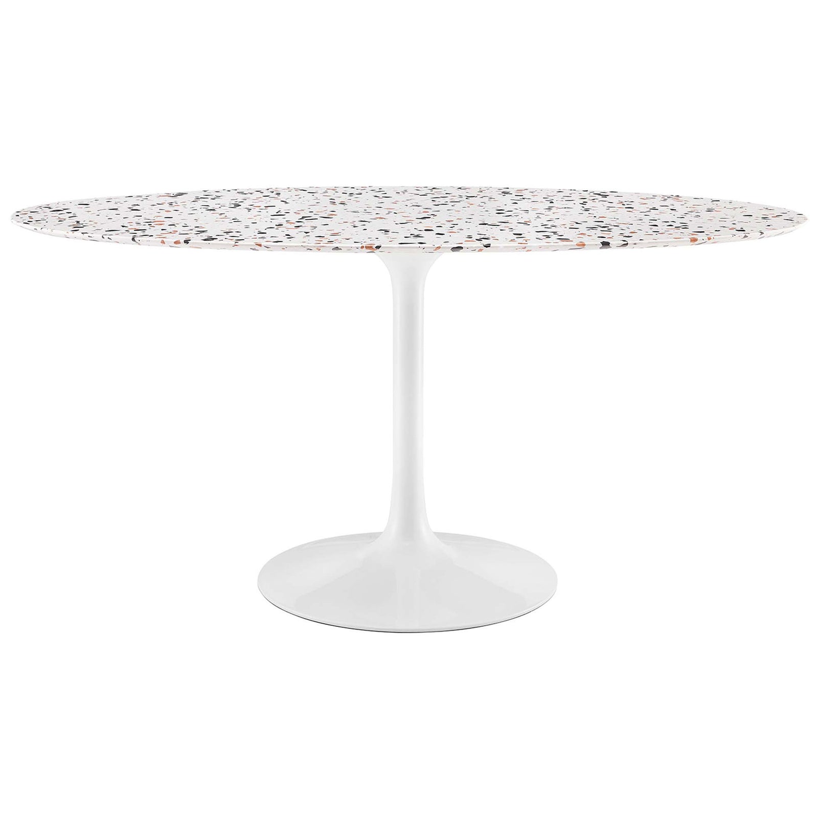 Oval white terrazzo dining table with sleek white pedestal base for a clean, modern look || EEI-5734-WHI-WHI || front_angle_studio