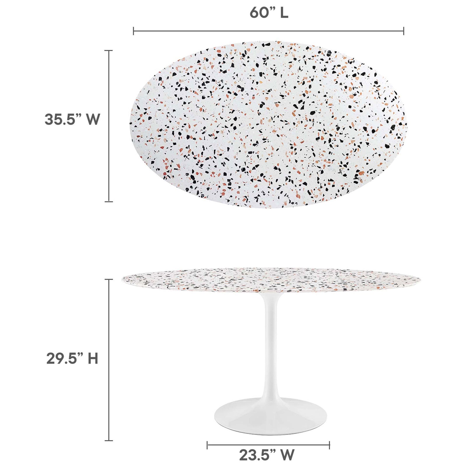 Terrazzo dining table highlighting its spacious 60 inch oval top and comfortable dining height proportions || EEI-5734-WHI-WHI || dimension_studio
