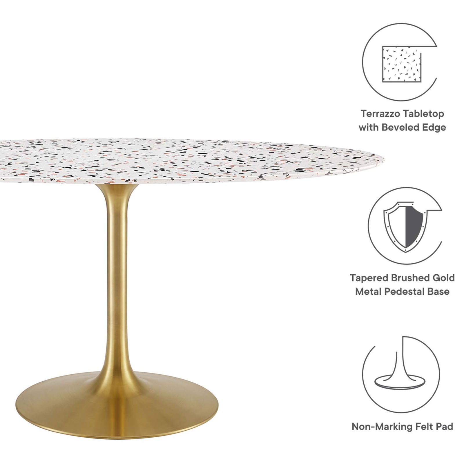 Terrazzo dining table highlighting its beveled edge top, brushed gold pedestal base, and felt pad || EEI-5736-GLD-WHI || callout_studio