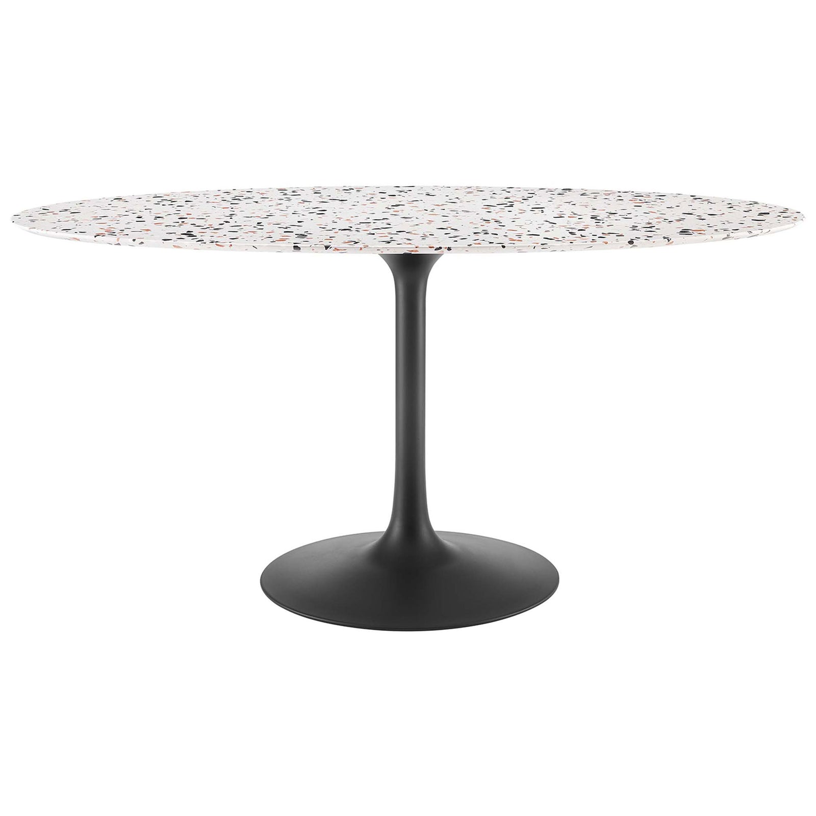 Oval terrazzo dining table with speckled white top and sleek black pedestal base for a bold mid-century focal point || EEI-5737-BLK-WHI || front_angle_studio