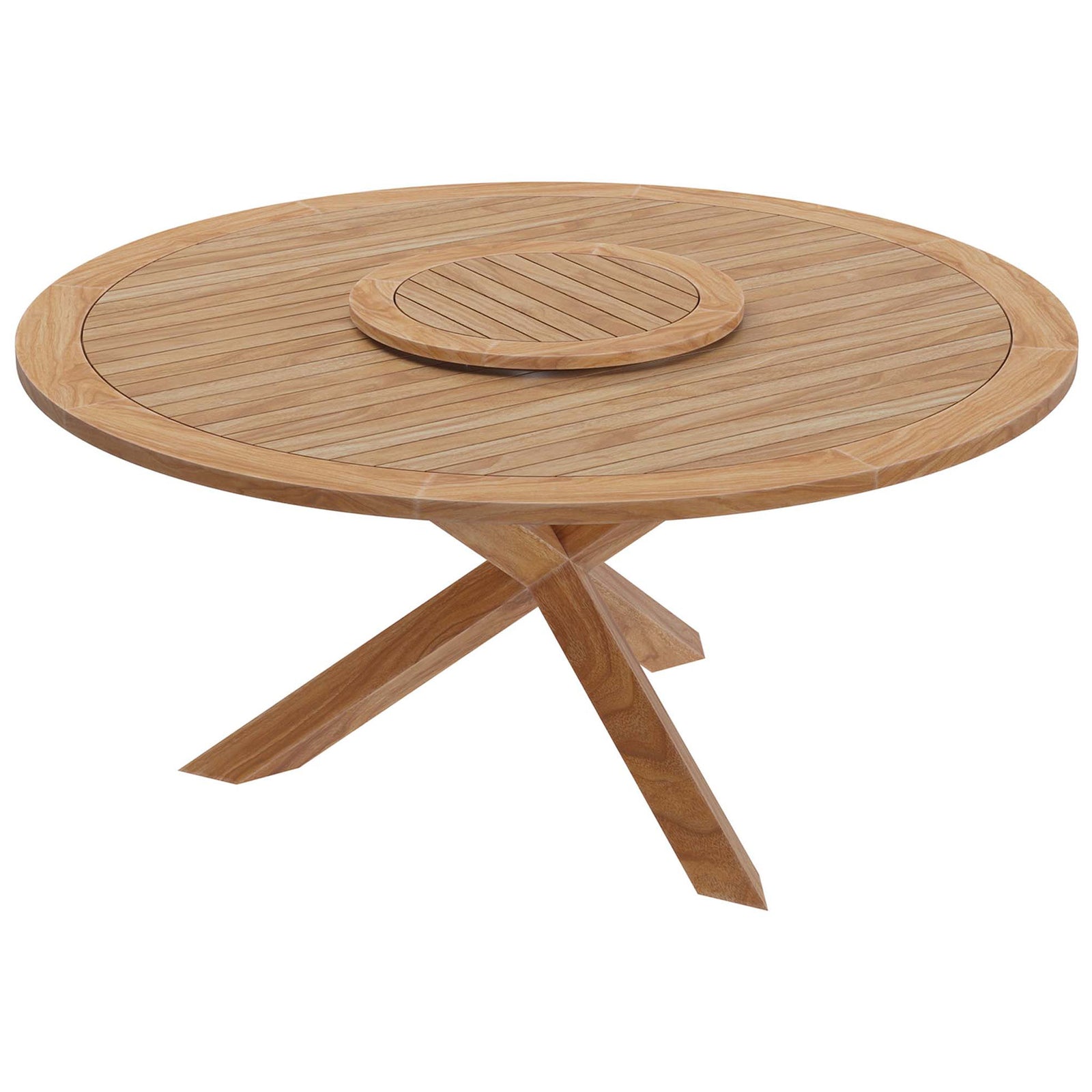 Round teak outdoor dining table with angled base and removable lazy Susan centerpiece || EEI-5745-NAT || front_angle_studio