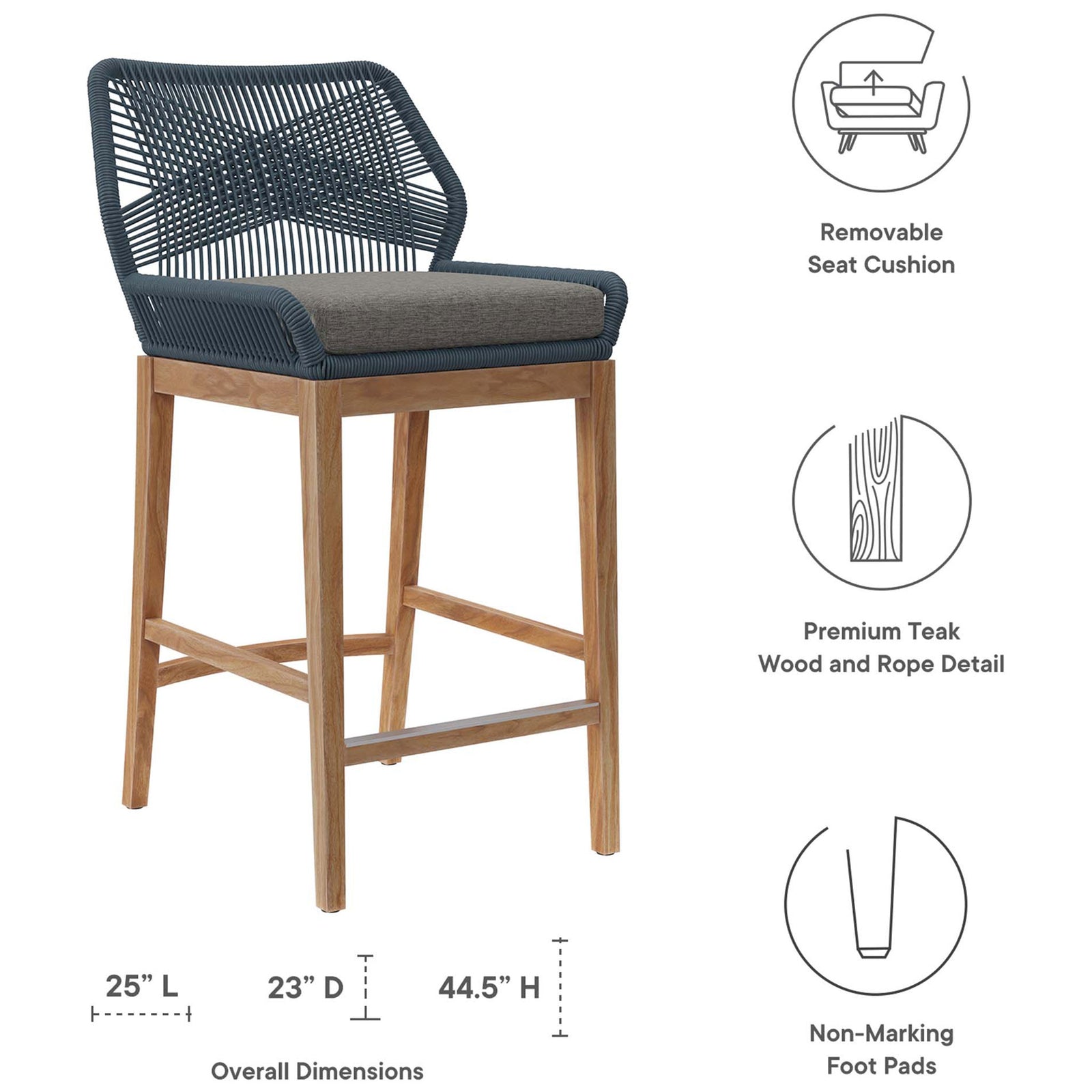 Blue graphite bar stool with rope back and gray cushion, shown with overall dimensions and key comfort features. || EEI-5746-BLU-GPH || dimension_studio