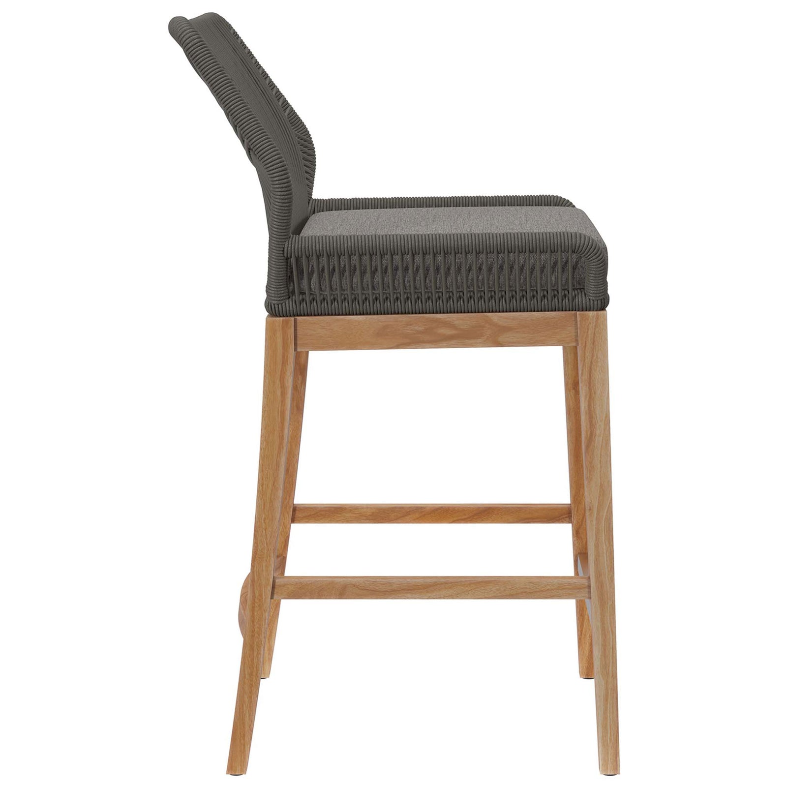 Gray graphite bar stool highlighting the gently reclined back, padded seat, and front support footrest. || EEI-5746-GRY-GPH || side_studio