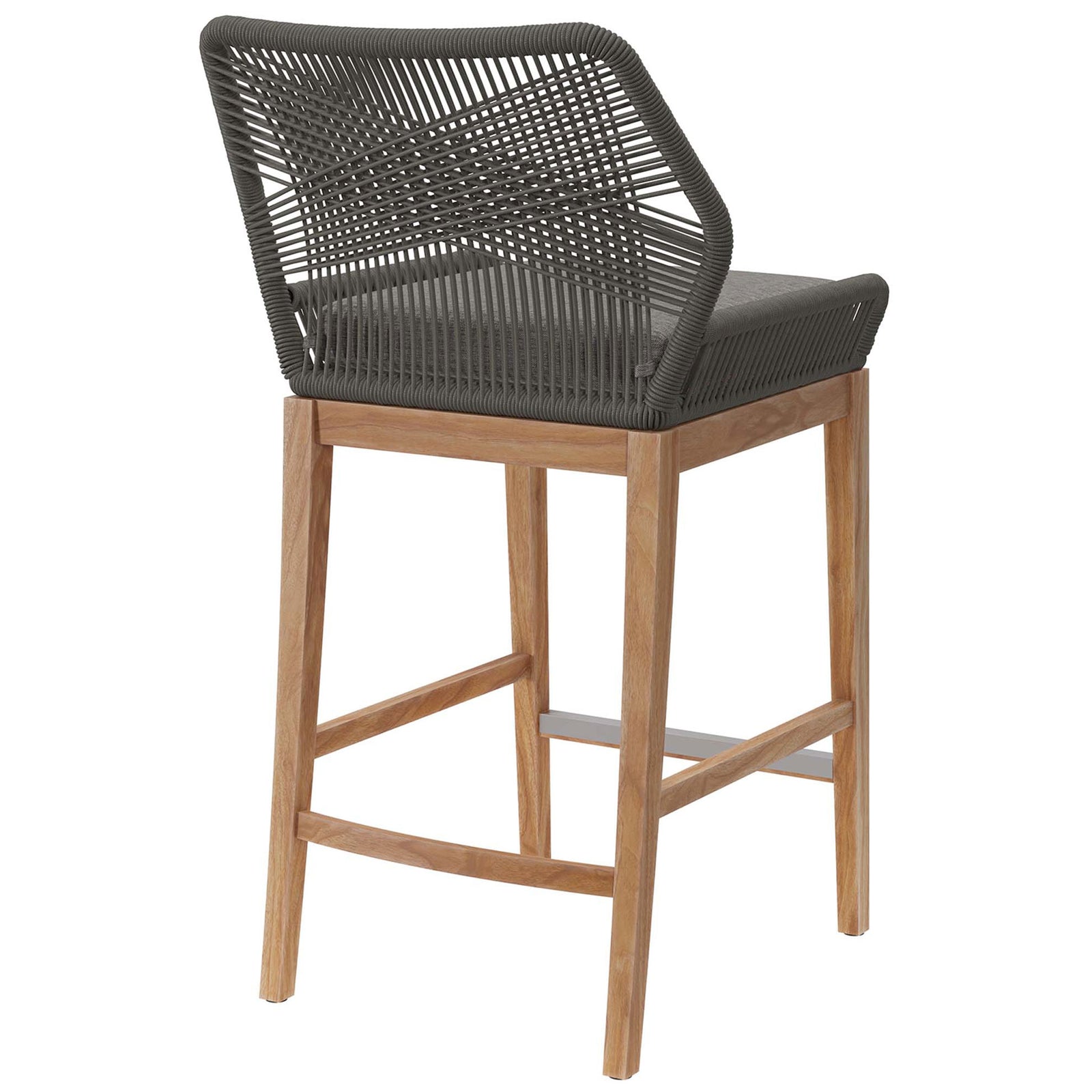 Gray graphite rope bar stool emphasizing the airy open back pattern and sturdy teak stretchers. || EEI-5746-GRY-GPH || back_angle_studio