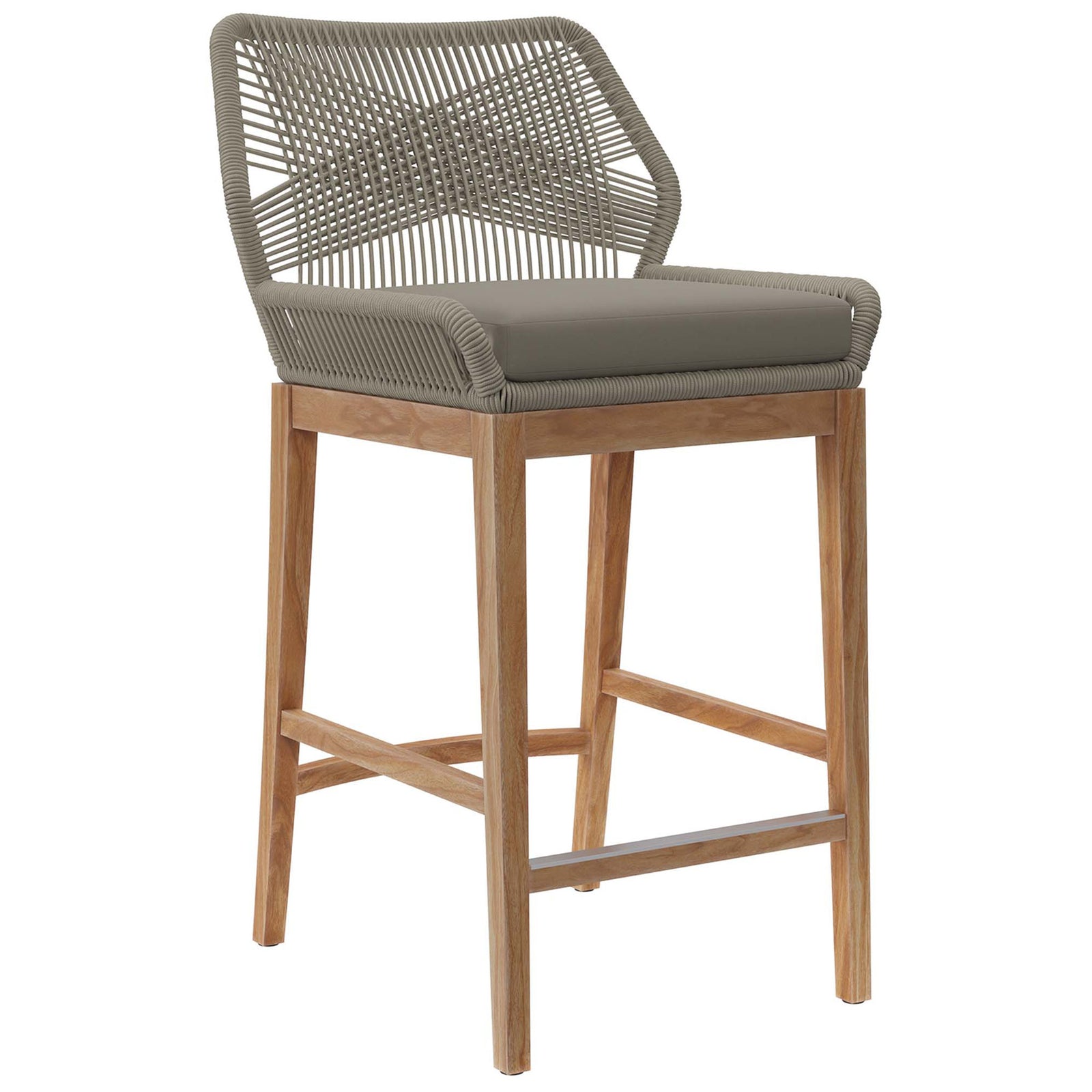 Light gray greige bar stool featuring hand-woven rope sides, smooth seat cushion, and slim teak legs. || EEI-5746-LGR-GRG || front_angle_studio