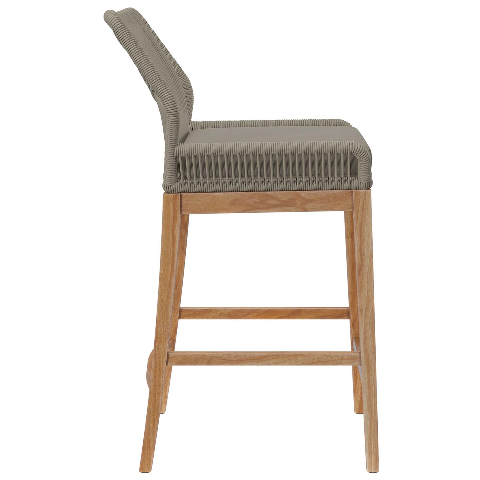 Light gray greige bar stool highlighting the gently reclined back, padded seat, and supportive front footrest. || EEI-5746-LGR-GRG || side_studio