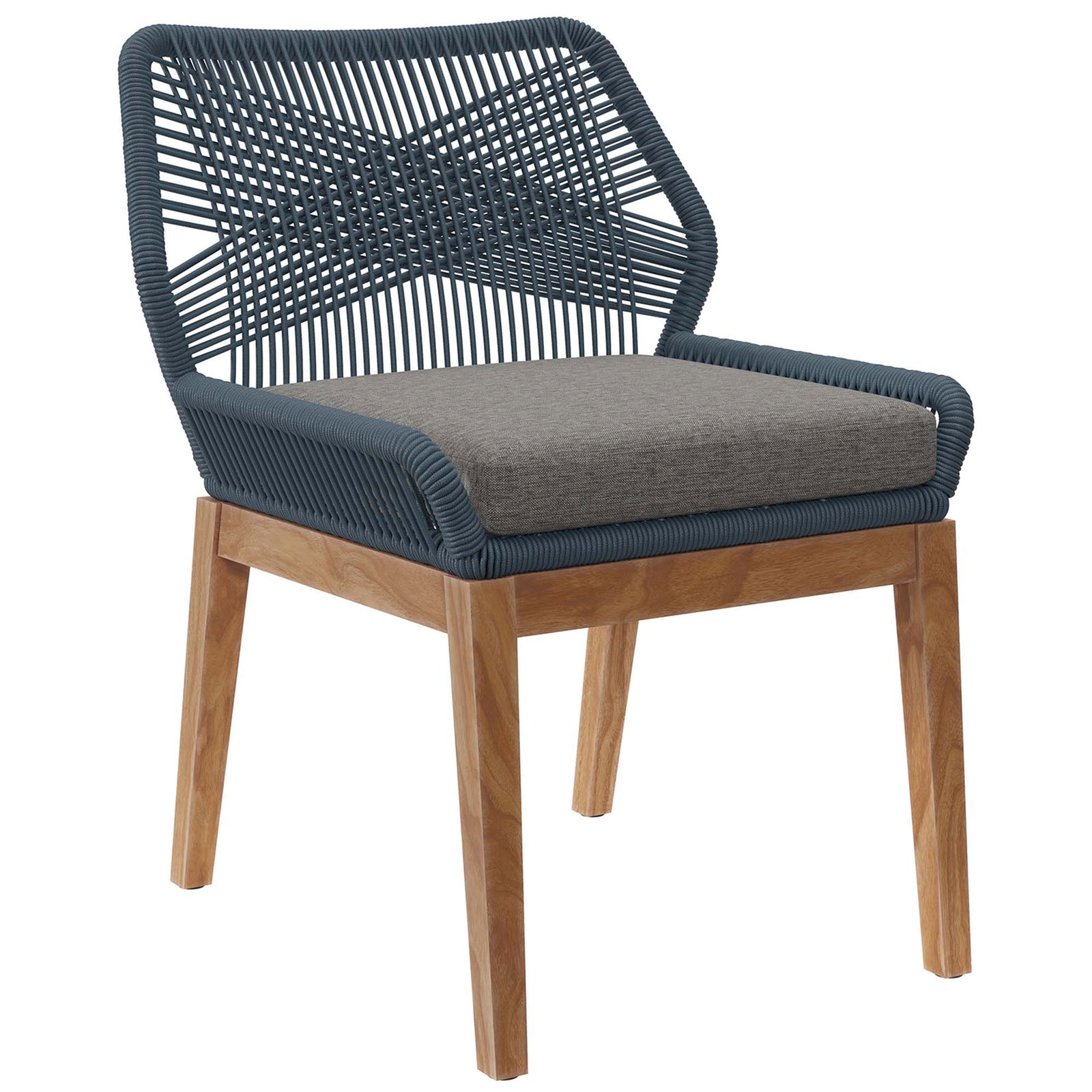 Wellspring blue graphite dining chair features an open rope back and plush gray cushion over teak legs || EEI-5747-BLU-GPH || front_angle_studio