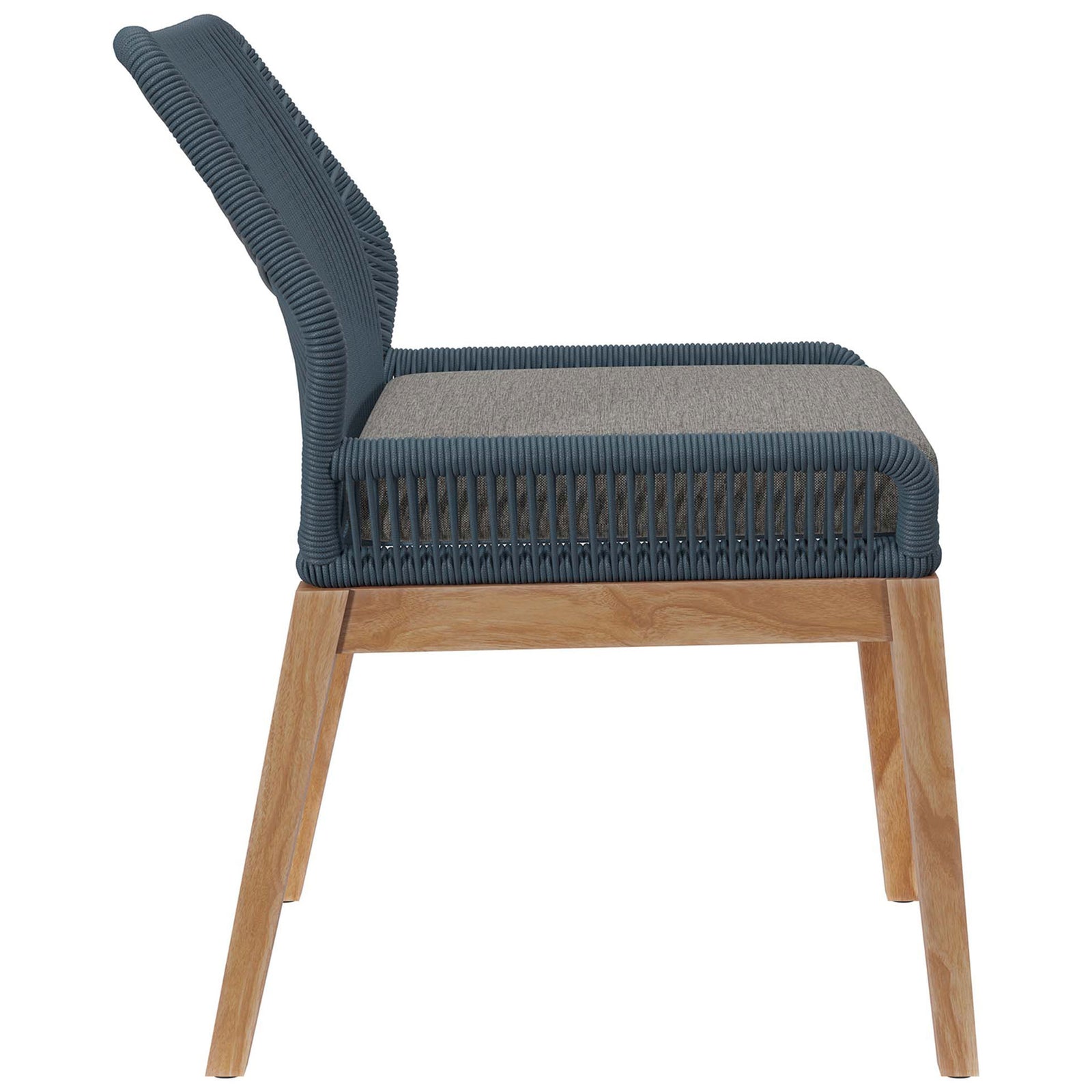 Curved blue rope seat, gently reclined backrest, and sturdy teak frame define this modern patio dining chair || EEI-5747-BLU-GPH || side_studio