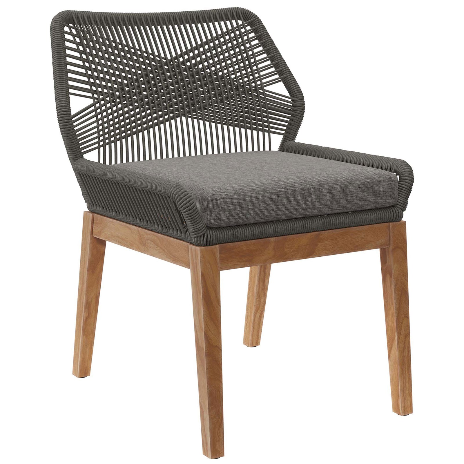 Wellspring gray graphite dining chair features an open rope back and supportive gray seat cushion || EEI-5747-GRY-GPH || front_angle_studio