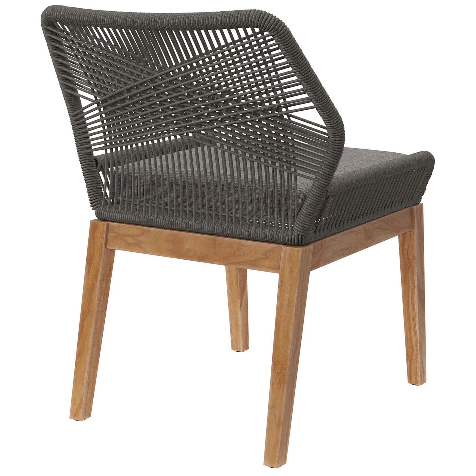 Crisscross gray rope backrest provides airy support above the warm teak wood legs of this patio chair || EEI-5747-GRY-GPH || back_angle_studio