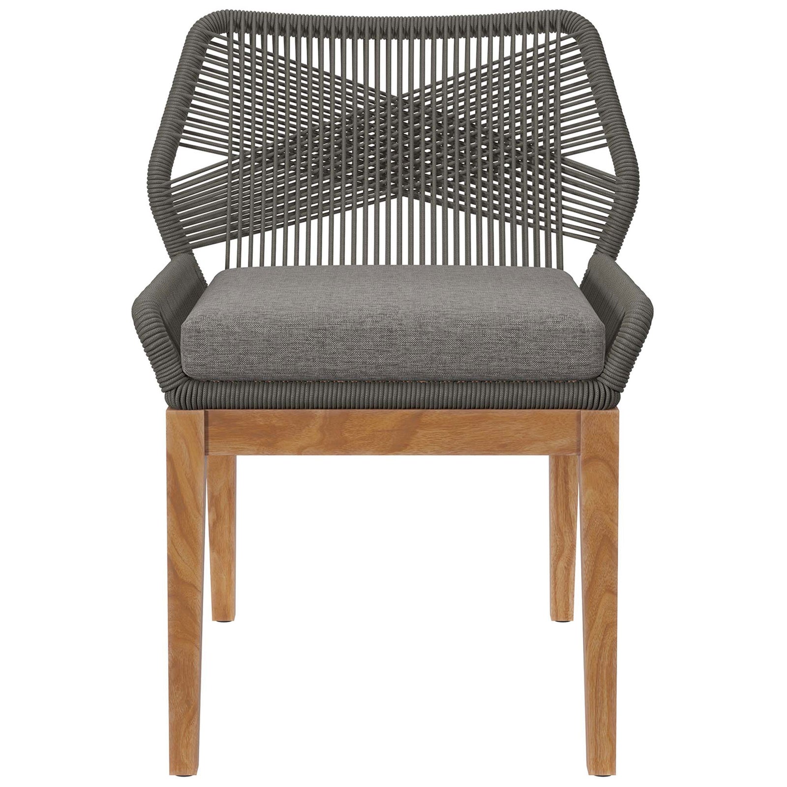 Gray graphite rope patio dining chair with matching cushion and teak legs for modern outdoor seating || EEI-5747-GRY-GPH || front_studio