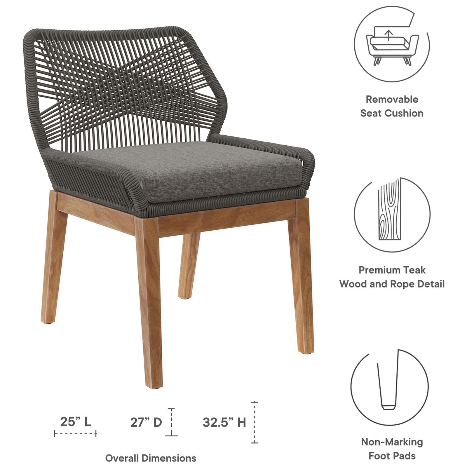 Gray graphite outdoor dining chair shown with measurements, removable cushion, and non marking foot pads || EEI-5747-GRY-GPH || dimension_studio
