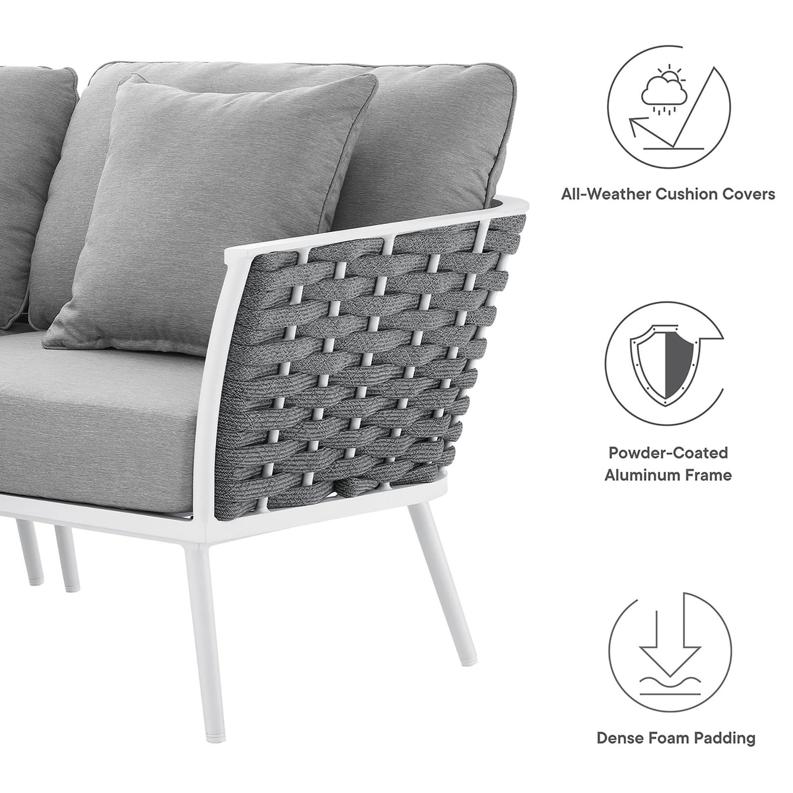 Feature icons call out all-weather cushions, a powder-coated frame, and dense foam padding benefits || EEI-5752-WHI-GRY || callout_studio