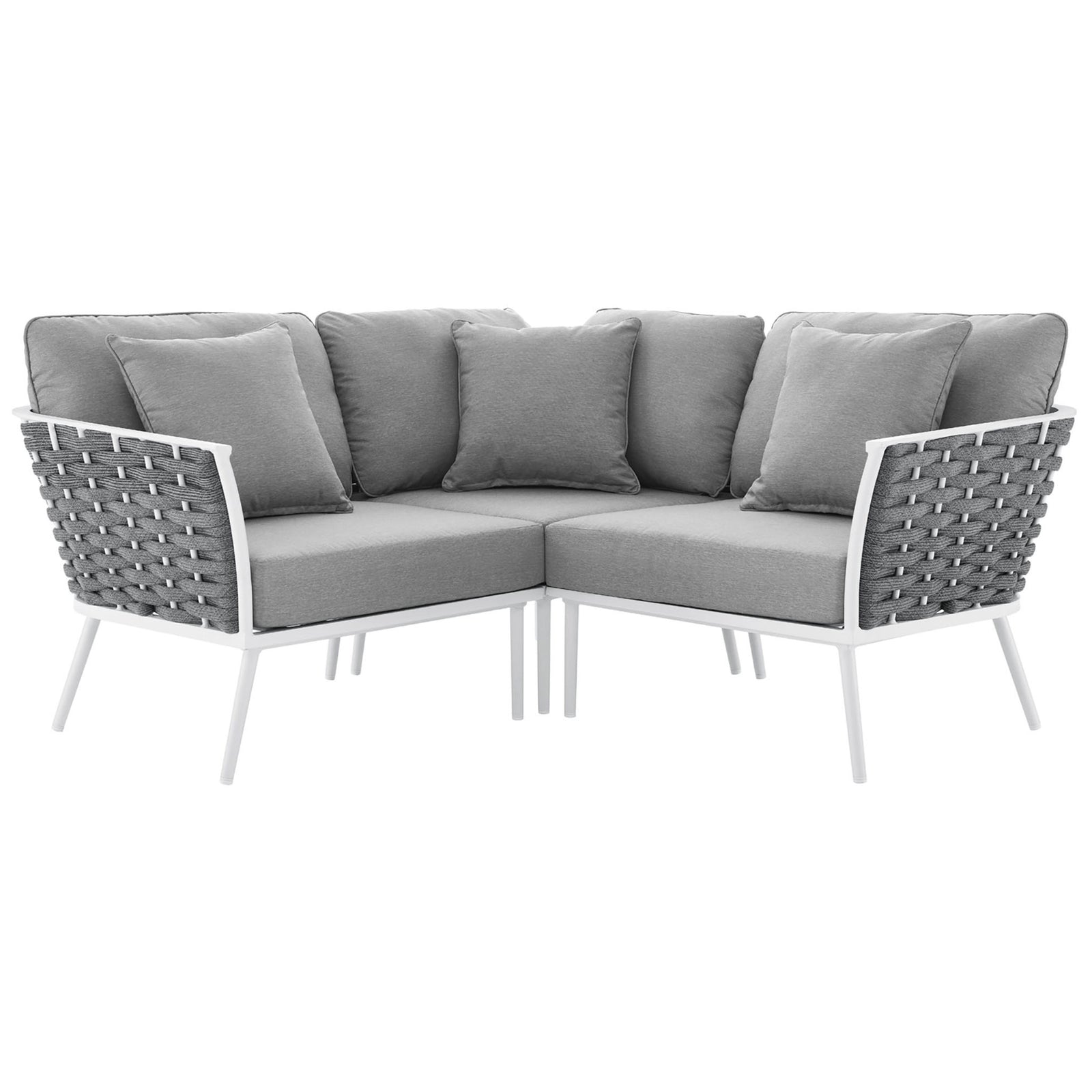 Small gray outdoor sectional with plush cushions and woven rope back on a crisp white aluminum frame || EEI-5752-WHI-GRY || front_angle_studio