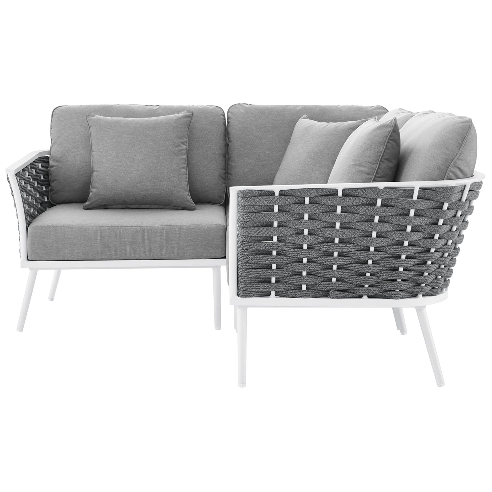 Gray corner sectional sofa highlights the wraparound rope sides and airy white legs for modern patios || EEI-5752-WHI-GRY || front_angle_studio