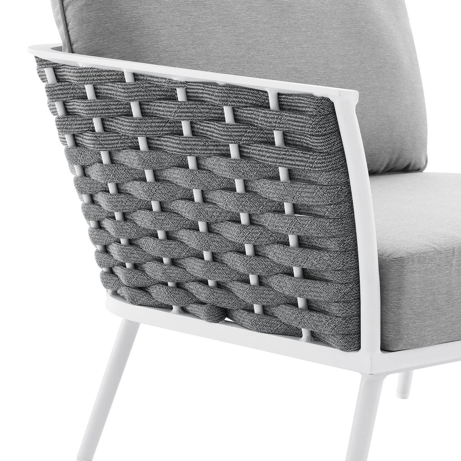 Thick gray rope bands are tightly interlaced across the backrest for a supportive, textured design || EEI-5752-WHI-GRY || detail_studio