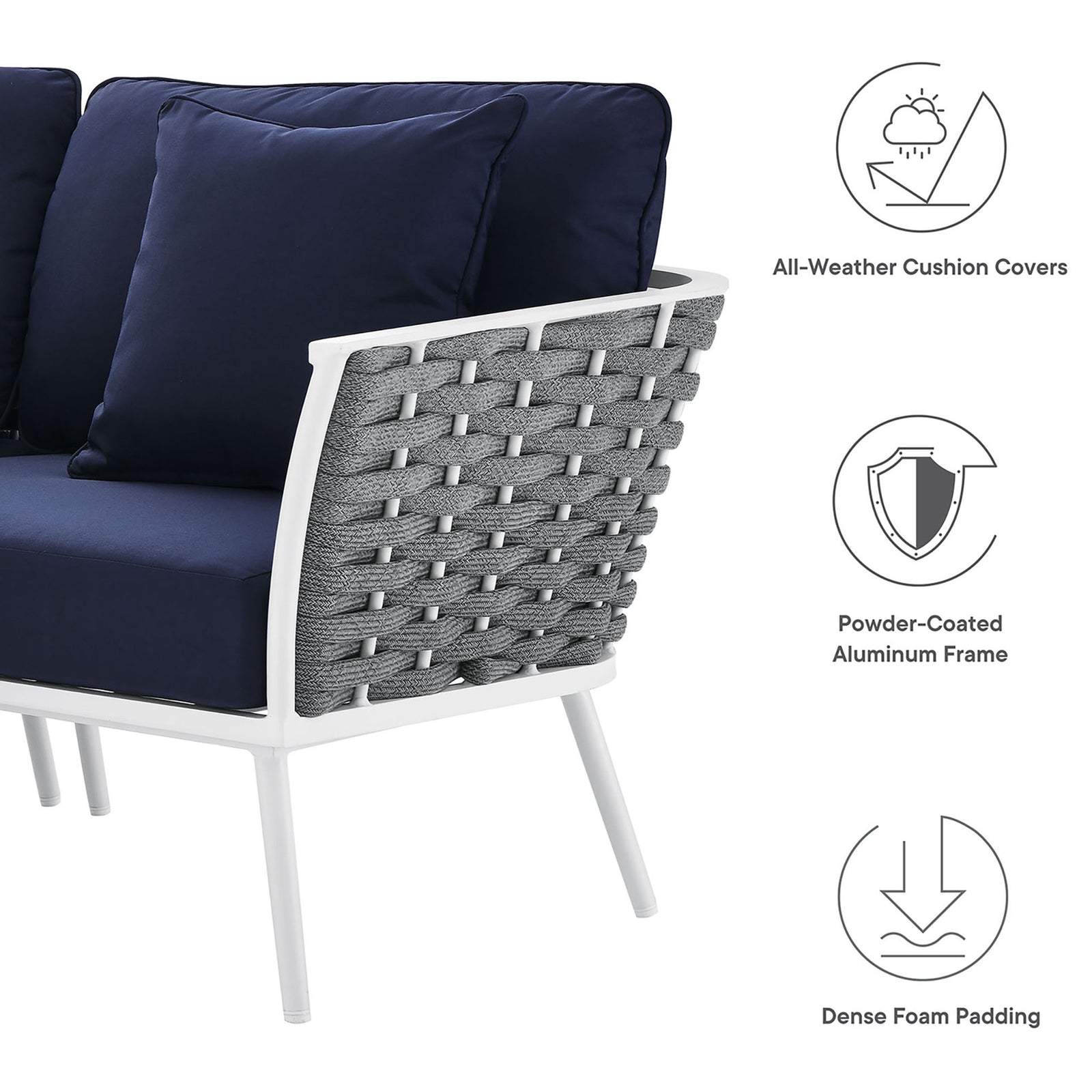 Feature icons highlight all-weather navy cushions, a powder-coated frame, and dense foam padding || EEI-5752-WHI-NAV || callout_studio
