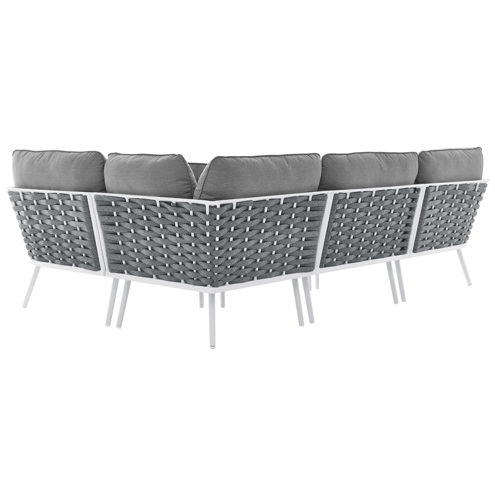 Back of the large gray sectional reveals the geometric rope lattice and sturdy powder coated frame. || EEI-5753-WHI-GRY || back_angle_studio