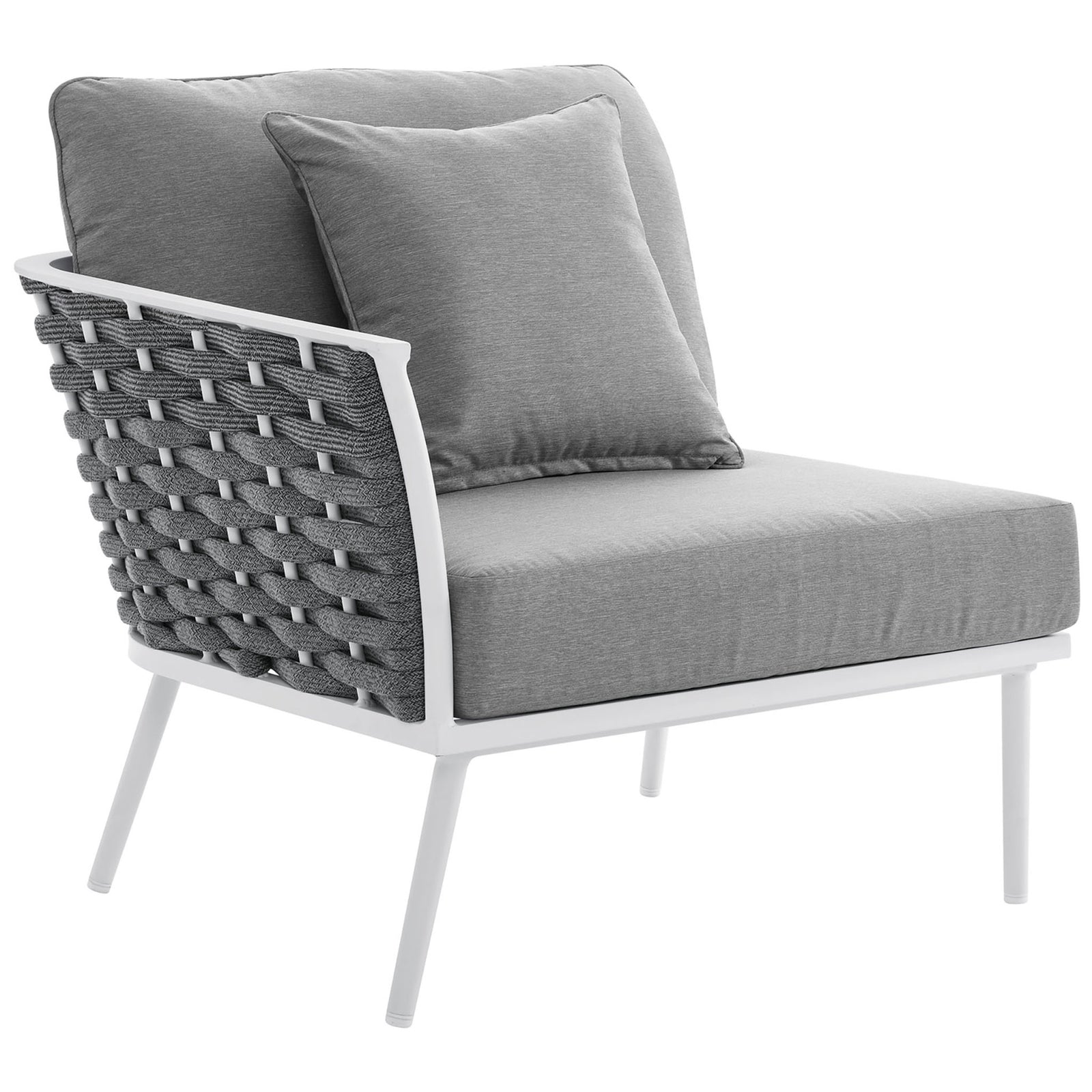 Modular gray armchair module with deep cushioning and textured rope back for flexible outdoor seating. || EEI-5753-WHI-GRY || front_angle_partial_studio