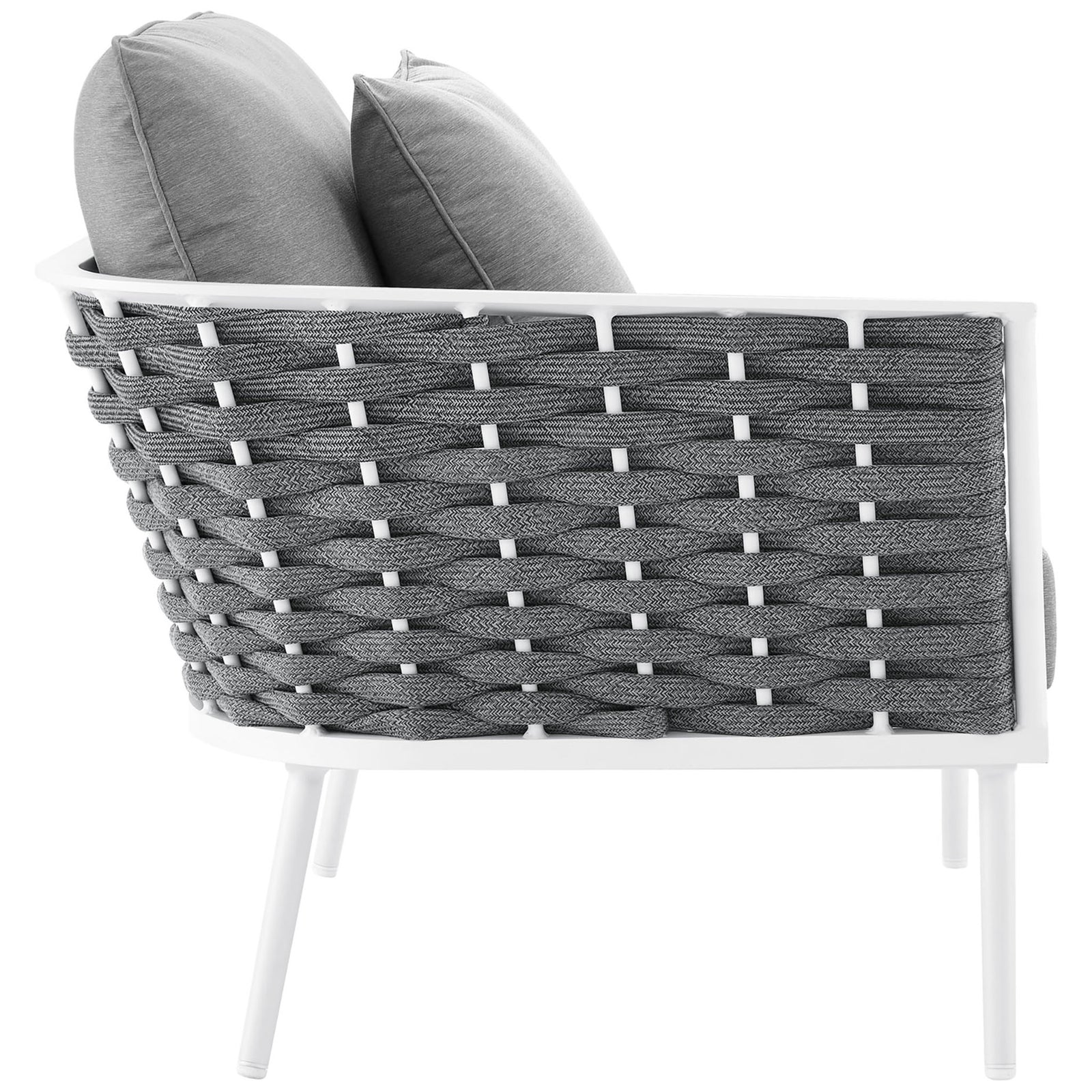Back of the gray armchair module showcases the wide woven rope pattern and sturdy white metal frame. || EEI-5753-WHI-GRY || side_partial_studio
