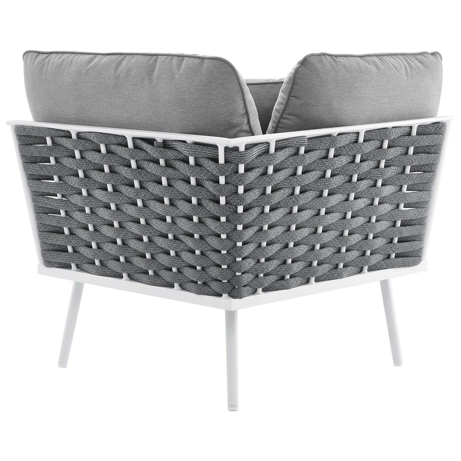 Corner chair rear features a dramatic flared frame wrapped in thick gray performance rope. || EEI-5753-WHI-GRY || back_angle_partial_studio