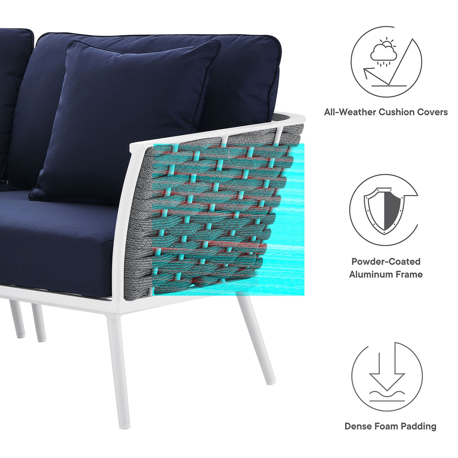Feature graphic calls out all weather navy cushions, durable aluminum frame, and plush foam padding. || EEI-5753-WHI-NAV || callout_studio
