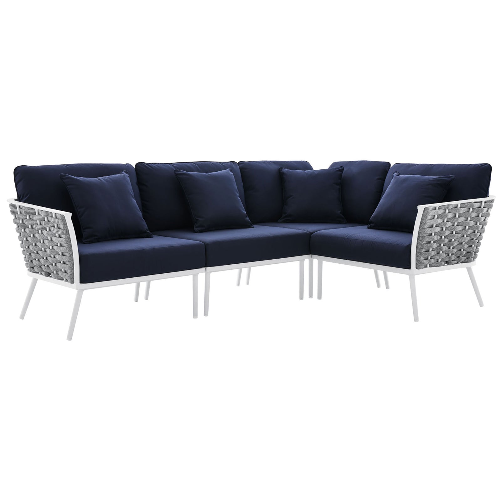 A spacious navy outdoor sectional with plush cushions, basket weave rope sides, and a crisp white frame. || EEI-5753-WHI-NAV || front_angle_studio