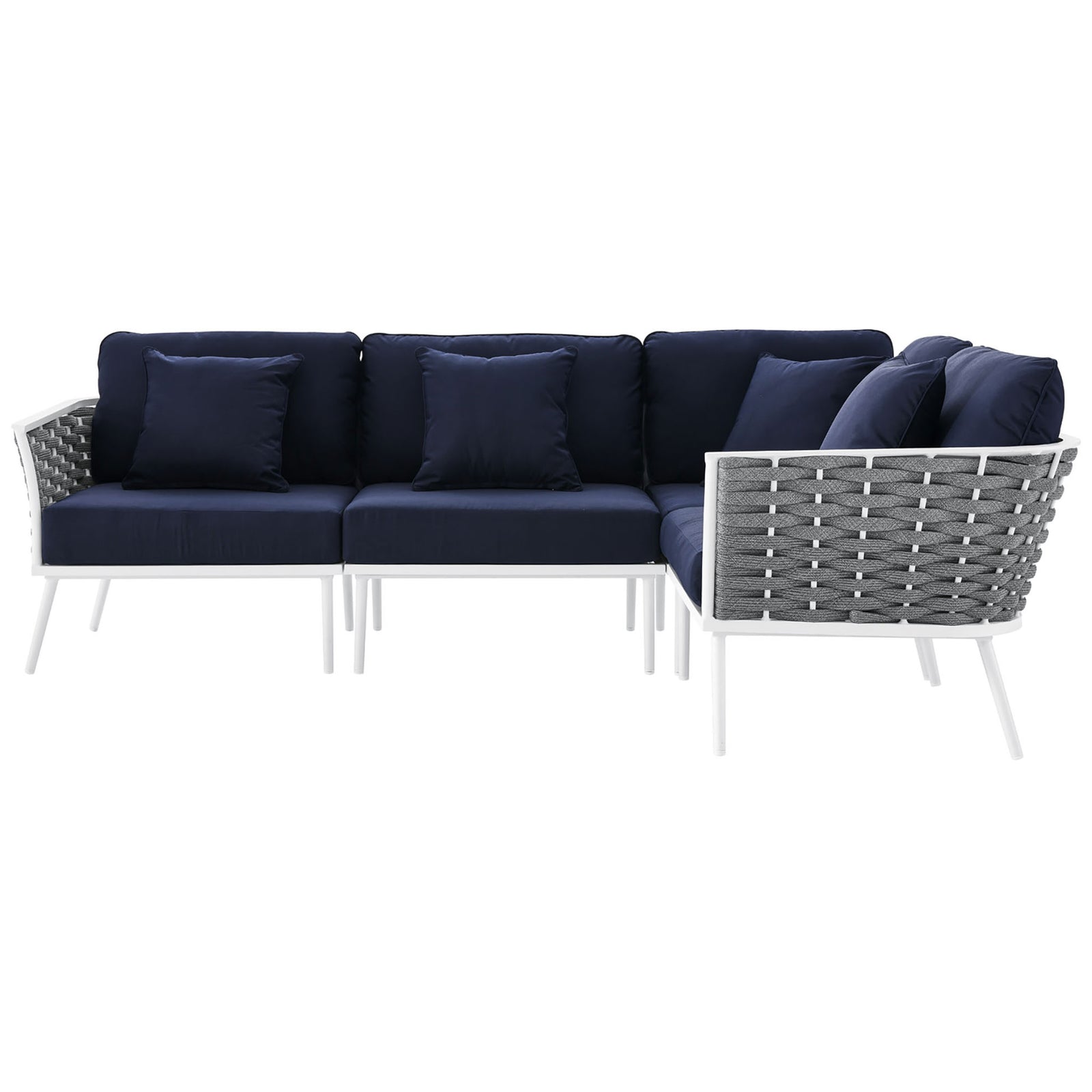 Contemporary navy patio sectional delivers generous lounge seating with supportive back pillows and slim white legs. || EEI-5753-WHI-NAV || side_studio