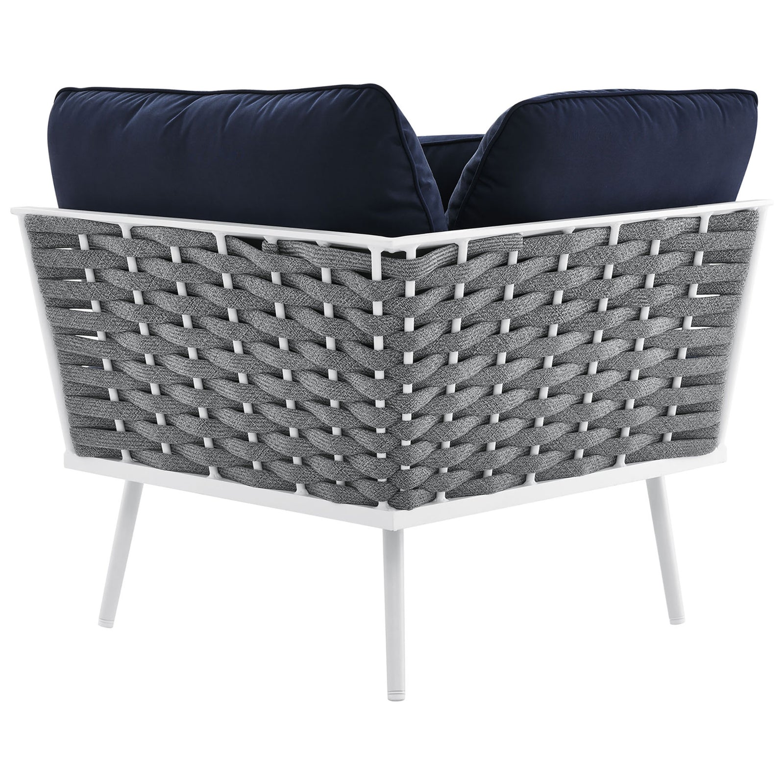 Corner chair back displays the sculpted rope lattice and angled aluminum legs ready for outdoor living. || EEI-5753-WHI-NAV || back_angle_partial_studio