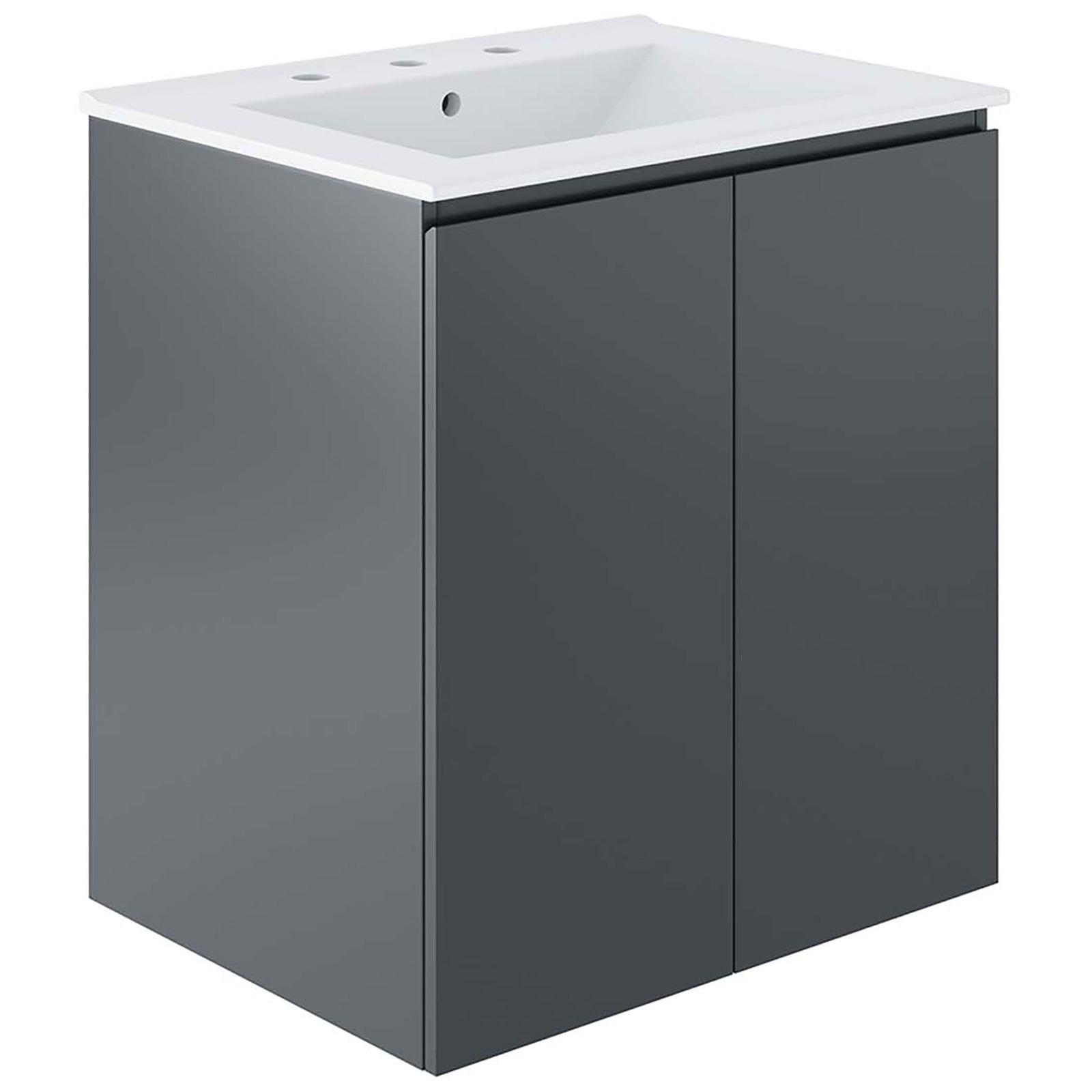 Compact wall-mounted vanity with smooth gray doors and integrated white ceramic sink. || EEI-5777-GRY-WHI || front_angle_studio