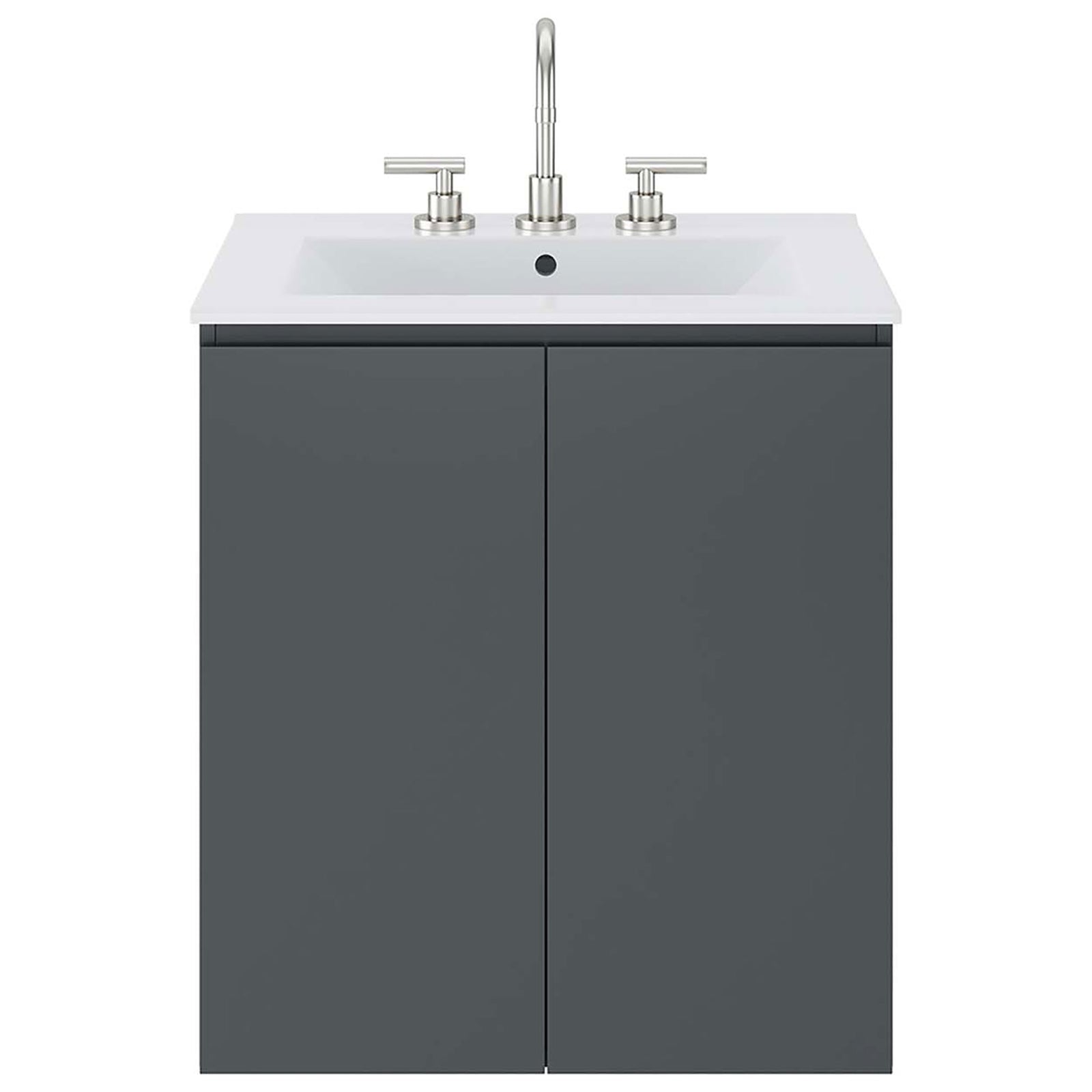 Minimalist dual-door cabinet beneath an integrated sink, shown with widespread faucet. || EEI-5777-GRY-WHI || front_studio