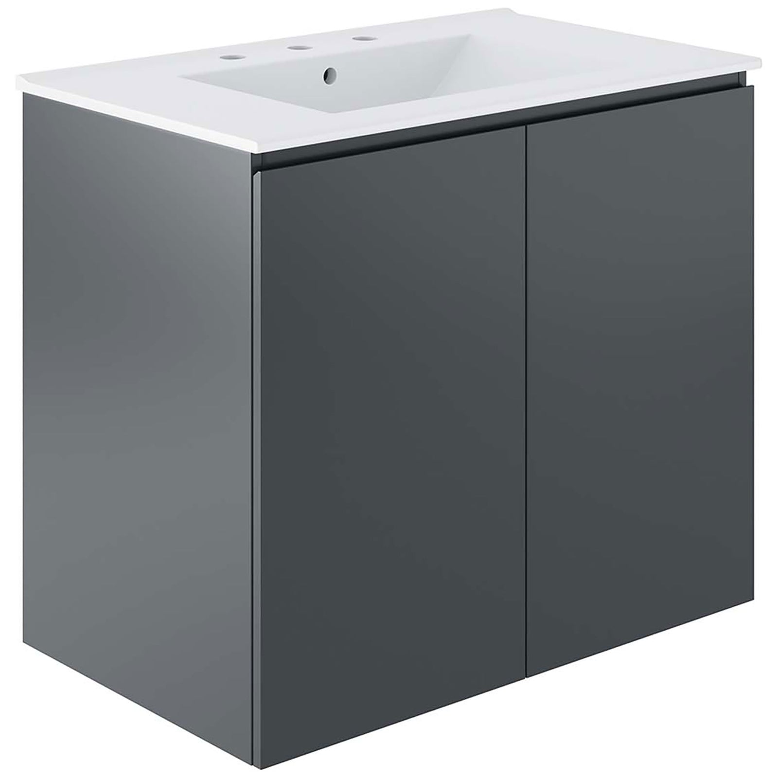 Wall-mounted vanity pairs a bright white top with a smooth gray two-door cabinet. || EEI-5778-GRY-WHI || front_angle_studio