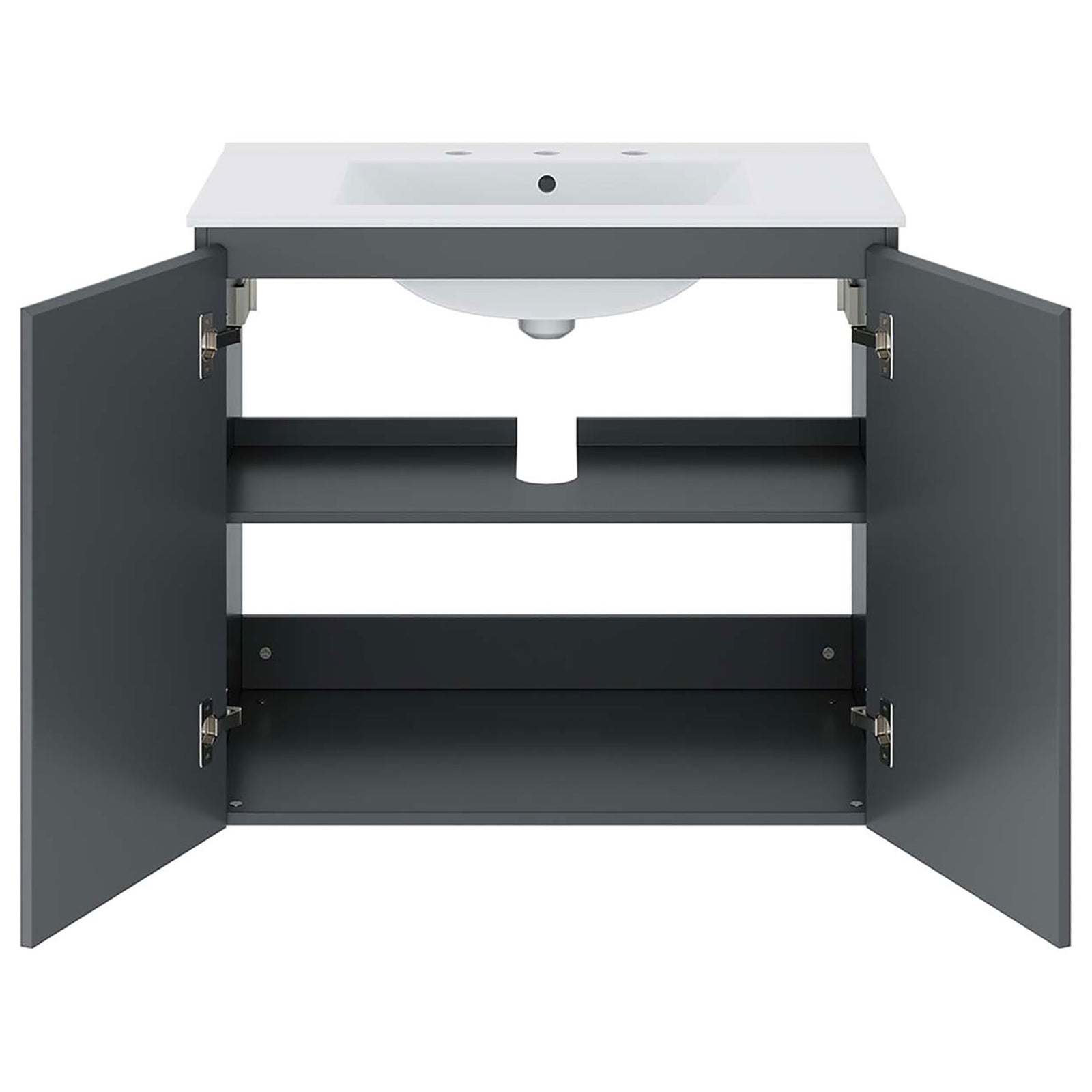 Ample cabinet space with convenient cutout for plumbing and soft-close hinges. || EEI-5778-GRY-WHI || front_open_studio