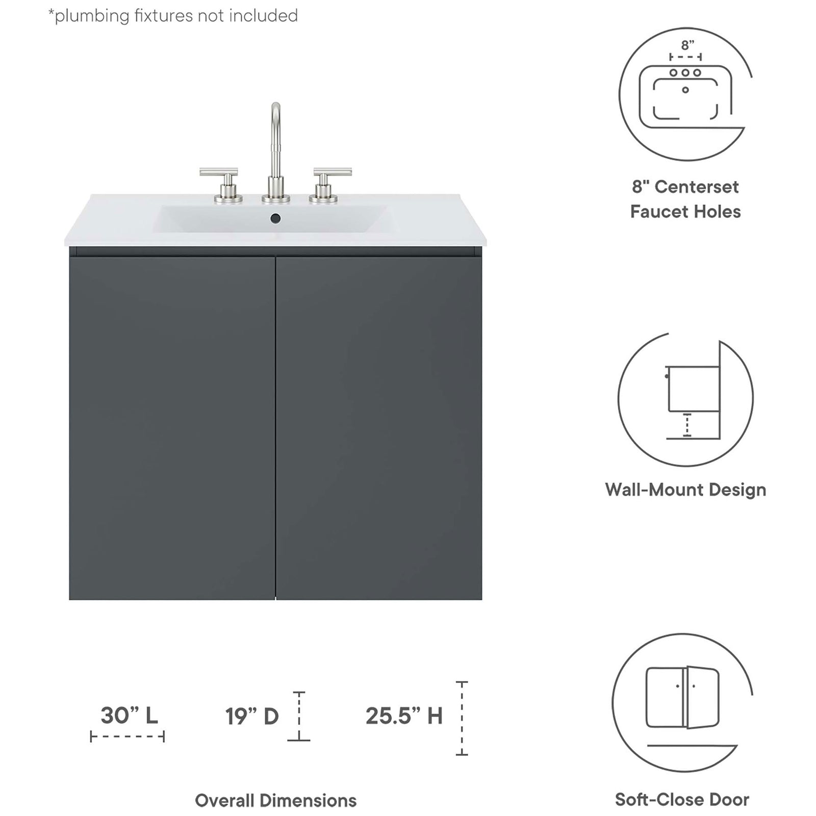 Measurements and core features for the wall-mount vanity. || EEI-5778-GRY-WHI || dimension_studio