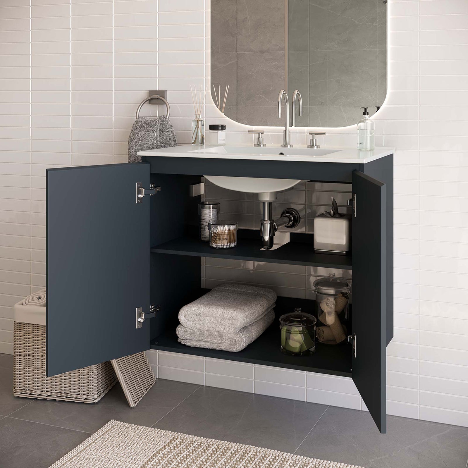 Open doors reveal easy-access shelves for towels and essentials. || EEI-5778-GRY-WHI || front_angle_open_room