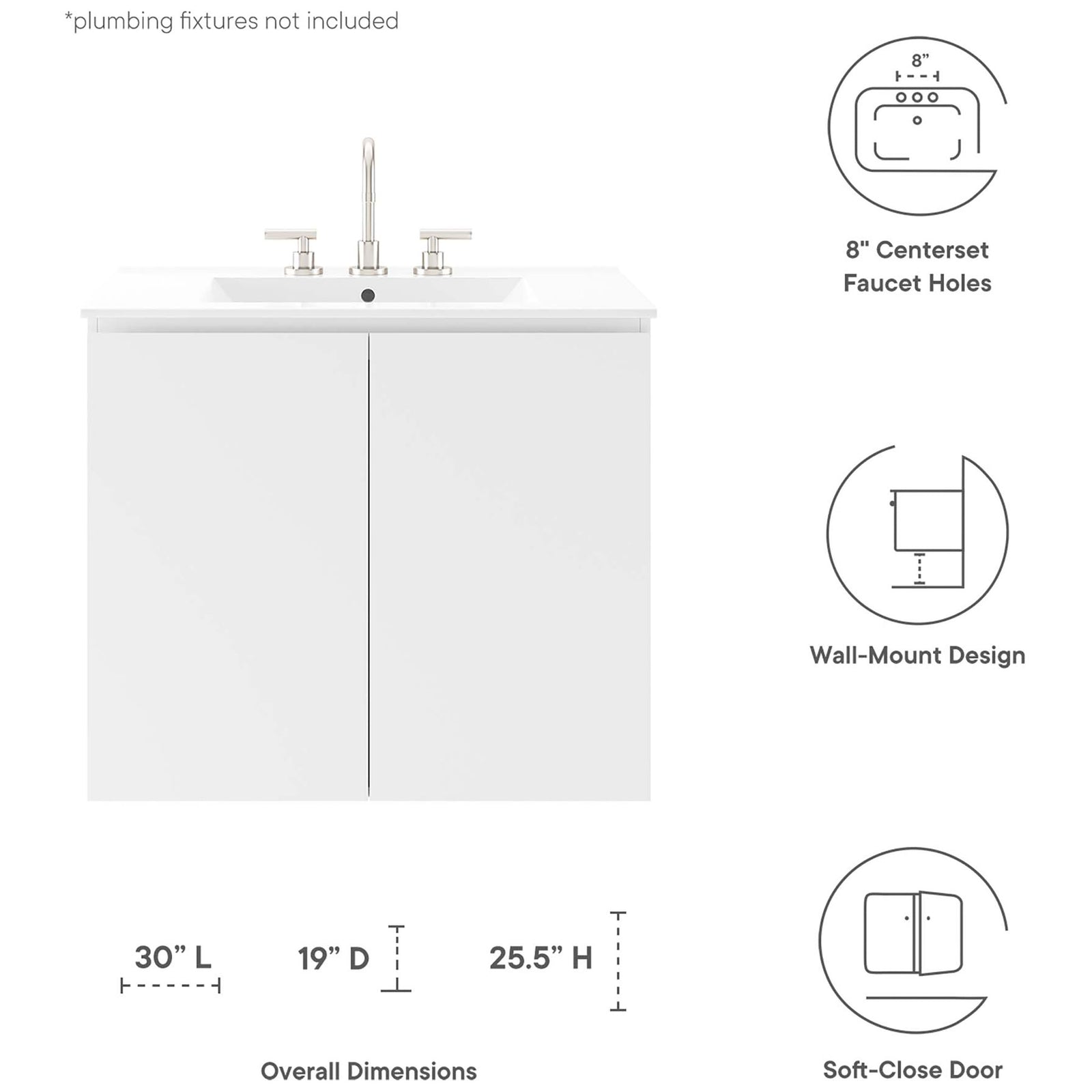 Bryn 30-inch wall-mount vanity with soft-close doors, wall-hung design, and 8-inch faucet spacing || EEI-5778-WHI-WHI || dimension_studio