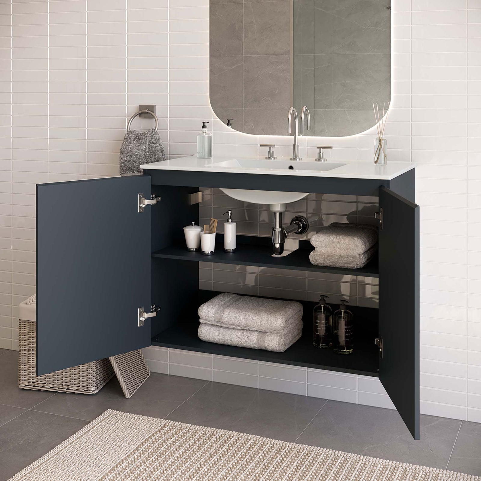 Open doors reveal generous storage capacity within the floating cabinet. || EEI-5779-GRY-WHI || front_angle_open_room