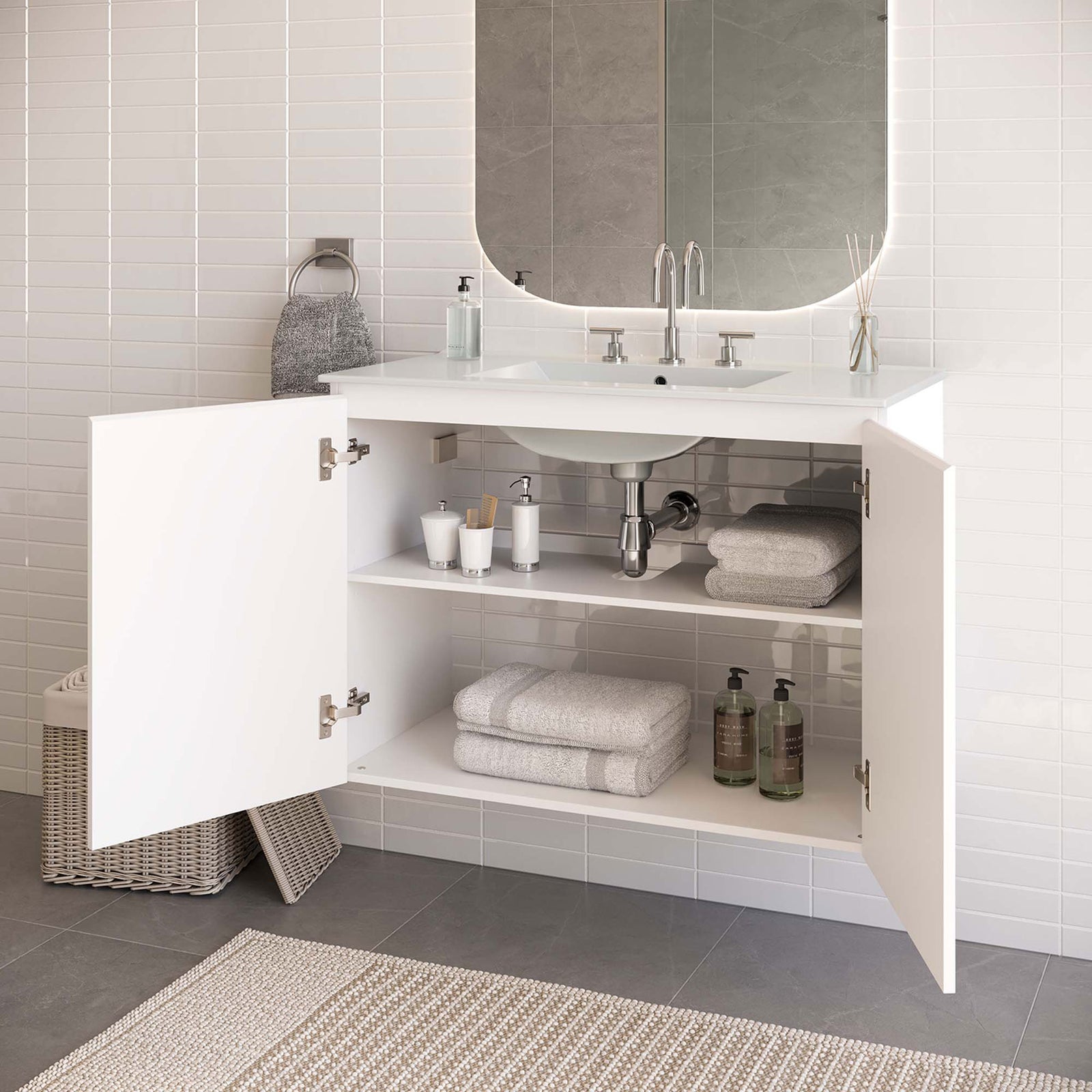 Open cabinet shows expansive storage and plumbing access beneath the 36-inch floating sink || EEI-5779-WHI-WHI || front_angle_open_room