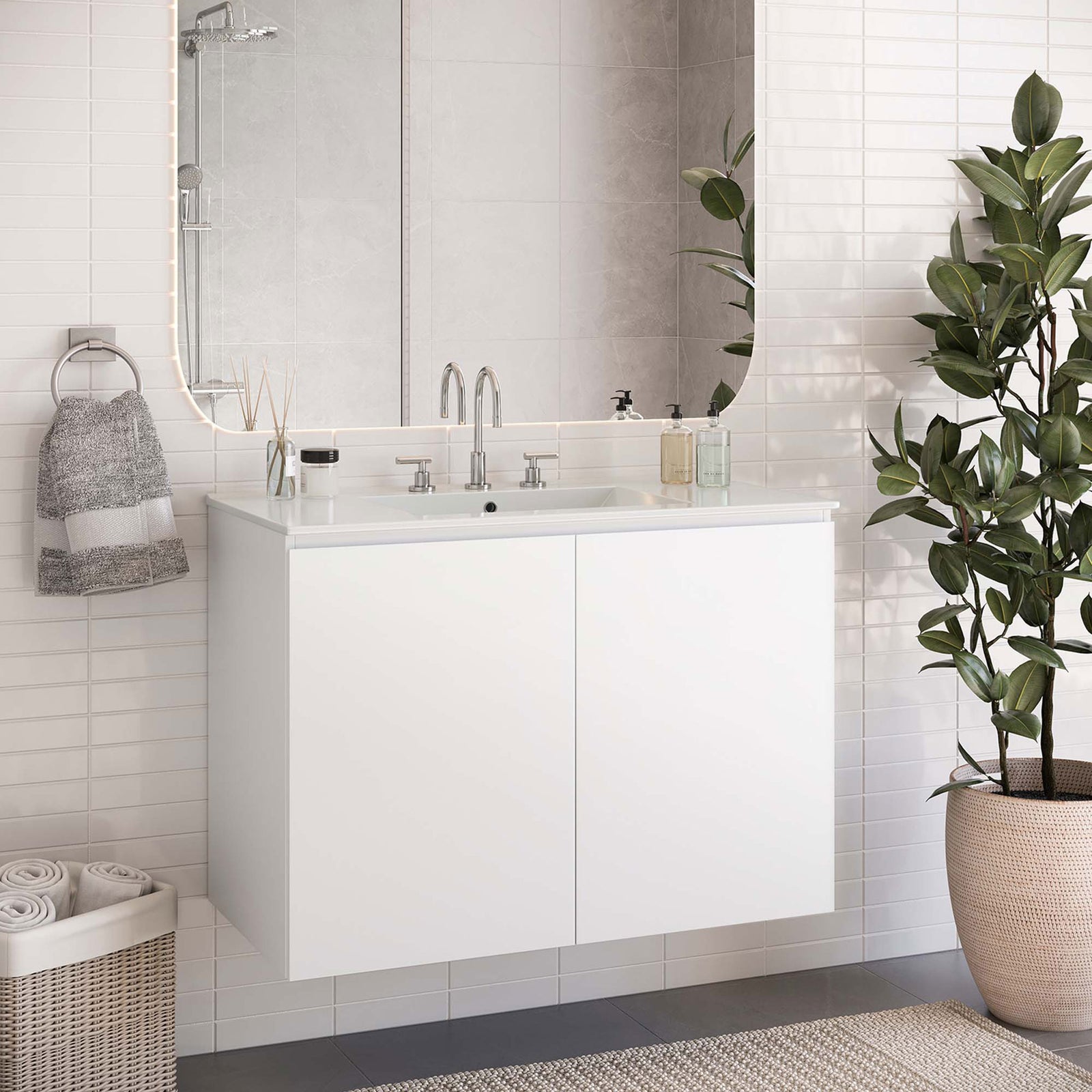 Modern 36-inch floating vanity anchors the bath with clean lines and bright white finish || EEI-5779-WHI-WHI || front_angle_room