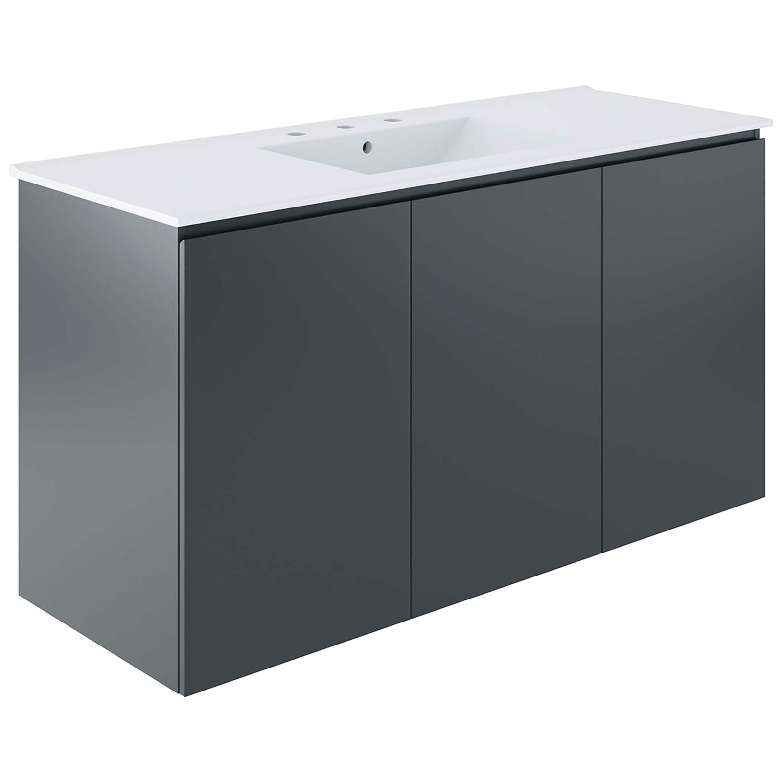Sleek wall-mount gray vanity with integrated white basin and clean, handleless 3-door design || EEI-5780-GRY-WHI || front_angle_studio