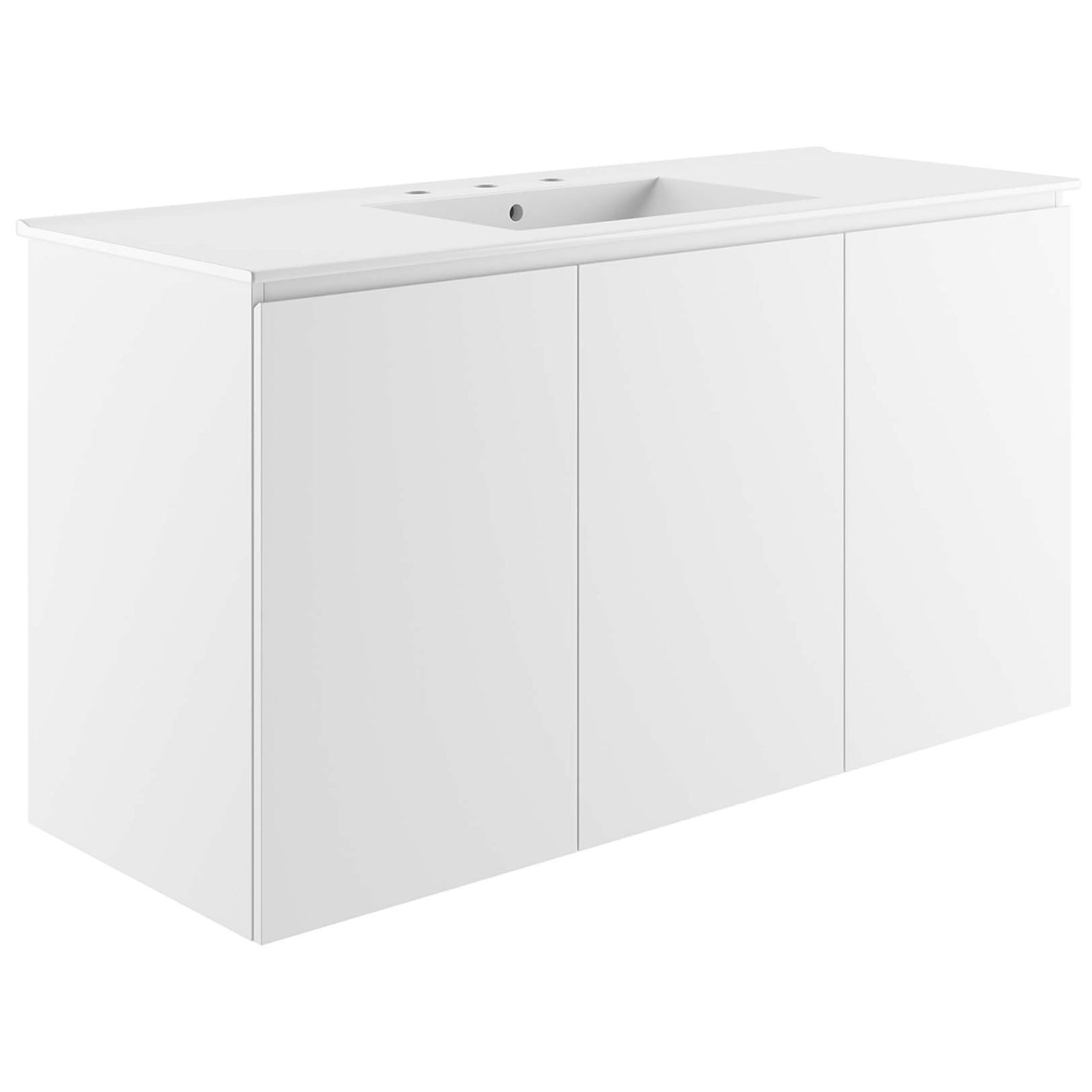 Sleek 48-inch wall-mount white vanity with integrated ceramic sink and clean, minimalist lines || EEI-5780-WHI-WHI || front_angle_studio