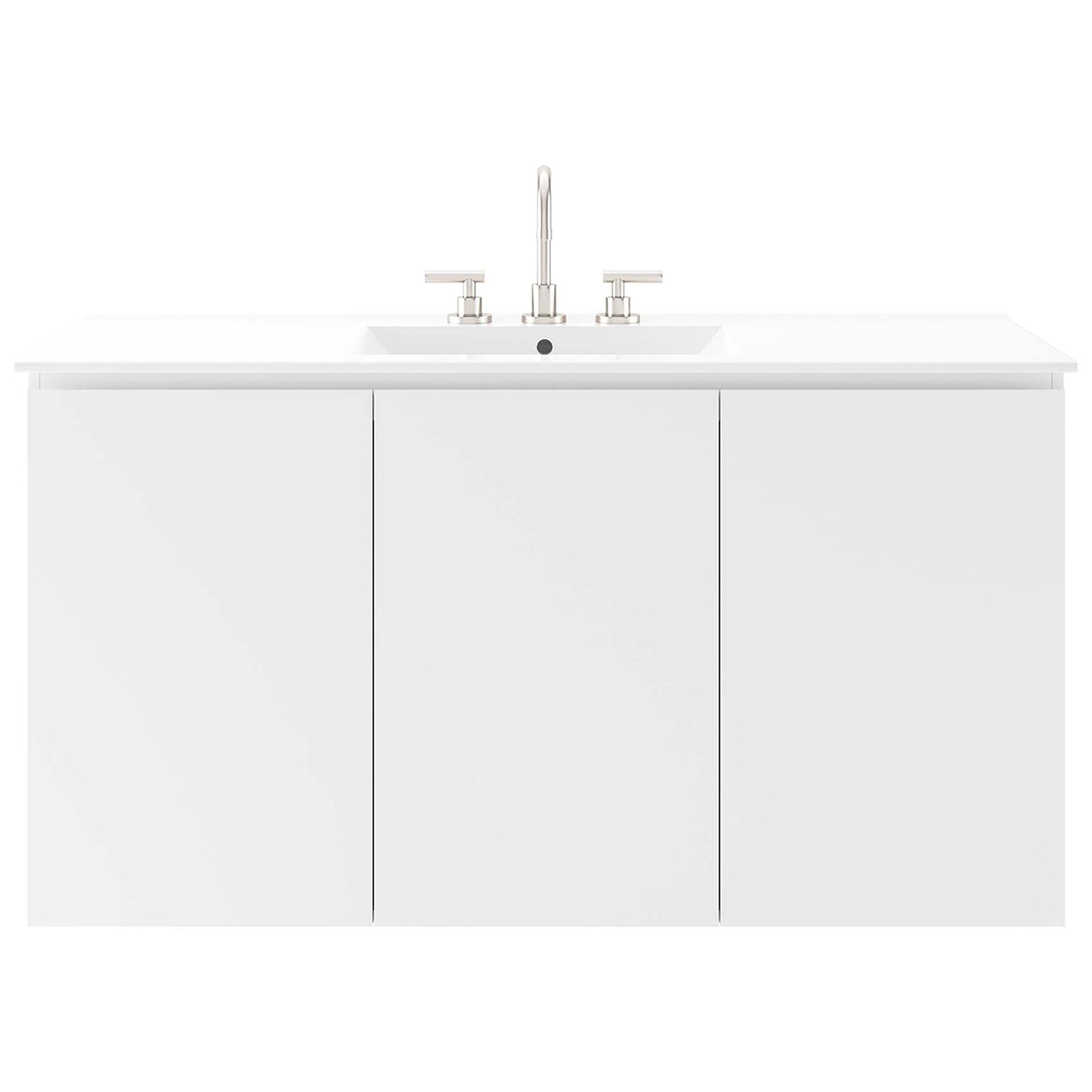 Modern three-door wall-mount vanity with seamless fronts and an integrated ceramic sink || EEI-5780-WHI-WHI || front_studio