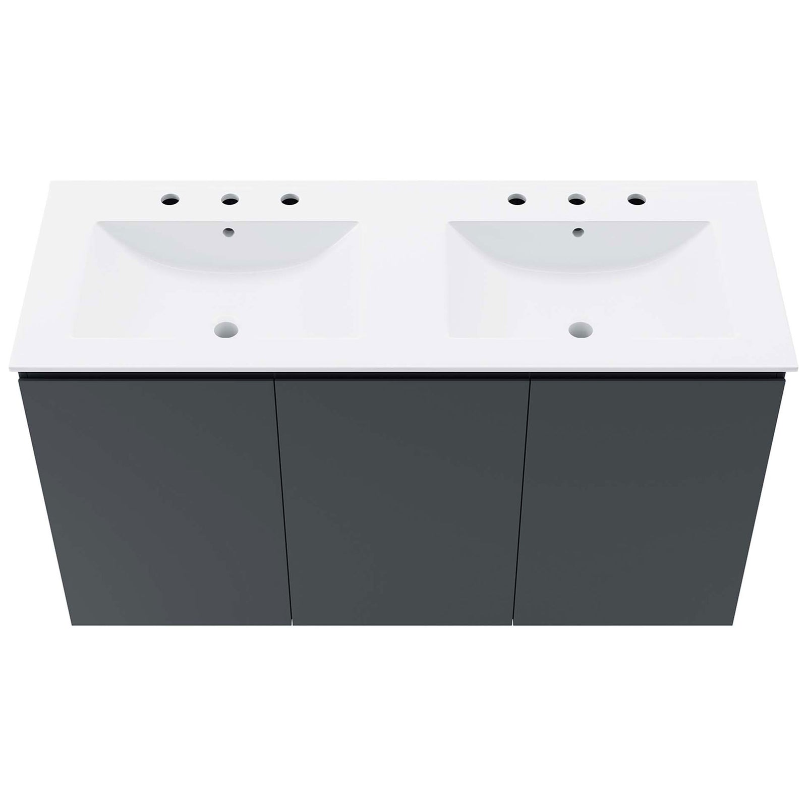 Two rectangular basins with widespread faucet holes on a seamless white countertop || EEI-5781-GRY-WHI || top_studio