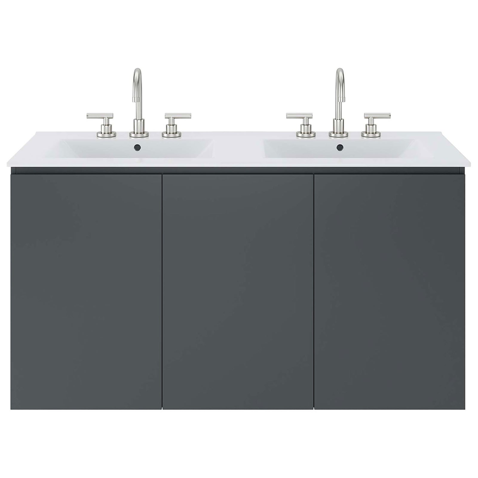 Modern gray vanity with a white double sink, styled with brushed faucets for a polished look || EEI-5781-GRY-WHI || front_studio