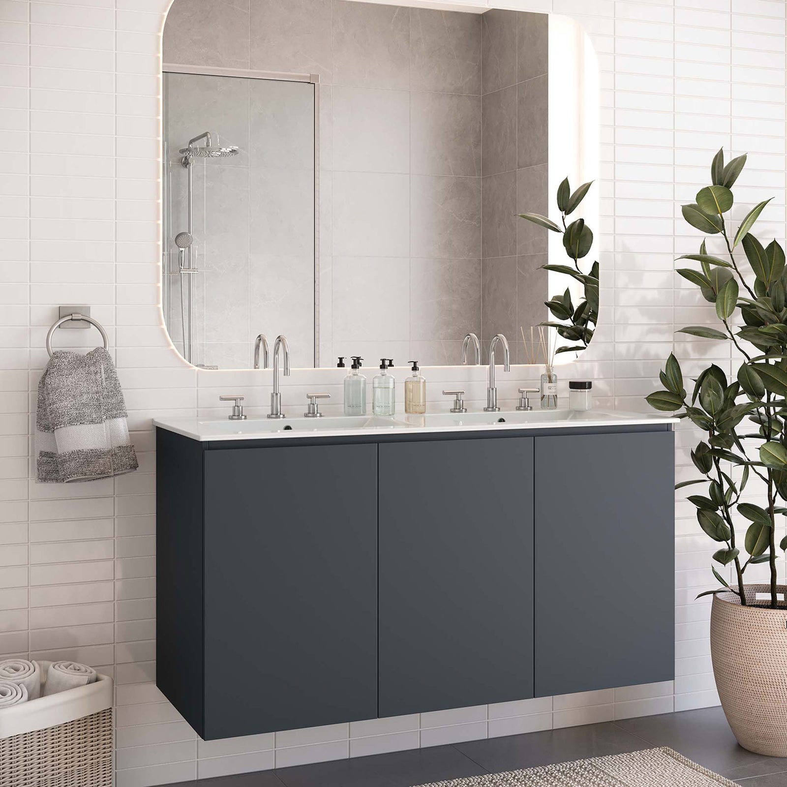 Floating gray cabinet with a seamless white double-sink top complements a clean, contemporary bath || EEI-5781-GRY-WHI || front_room