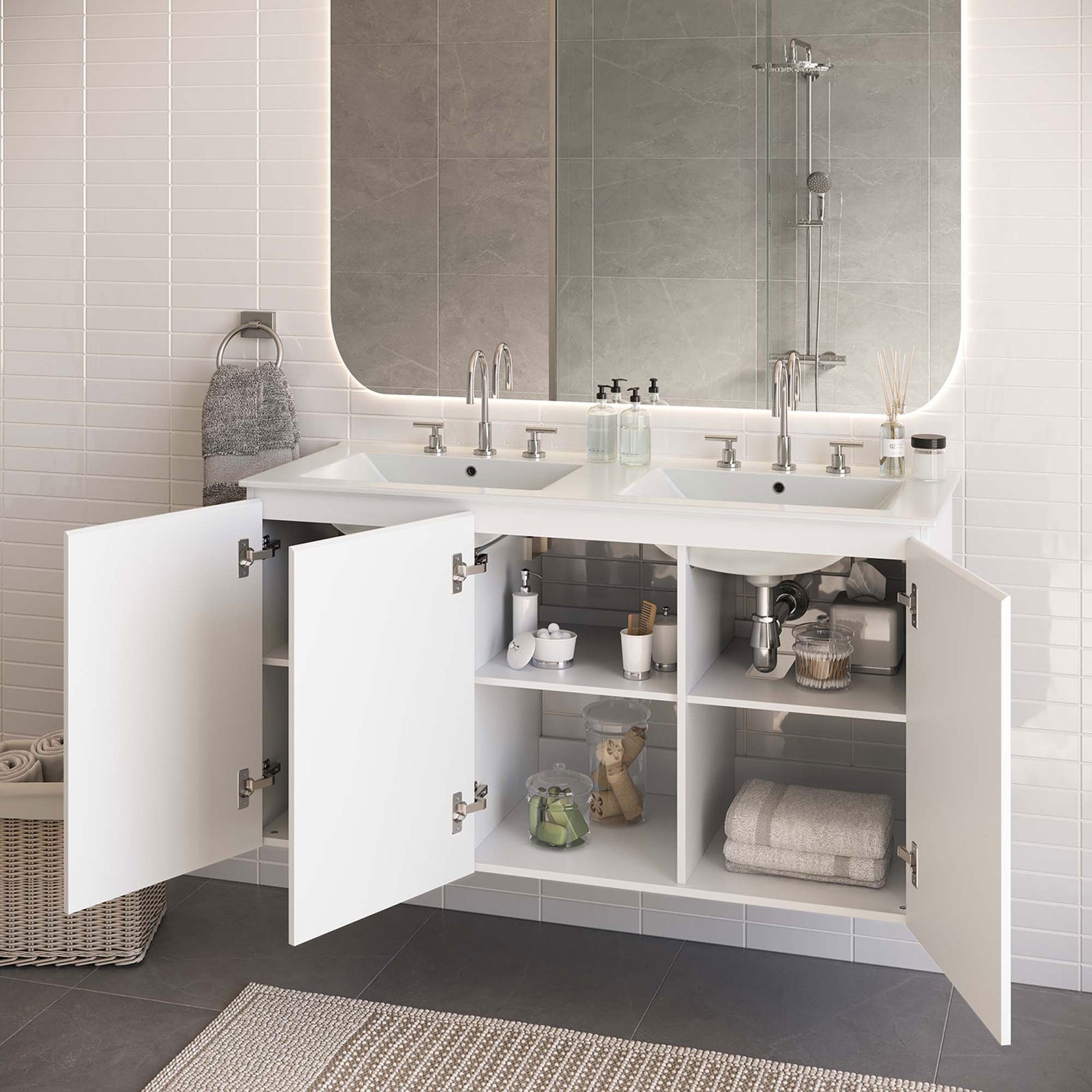 Generous storage keeps bath essentials organized while maintaining a light, floating look || EEI-5781-WHI-WHI || front_open_room