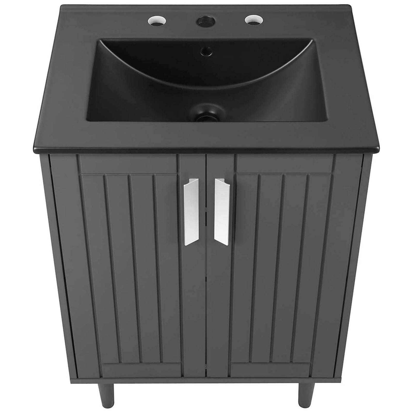Integrated black ceramic sink with 8-inch widespread holes and a gently curved basin || EEI-5800-GRY-BLK || top_studio