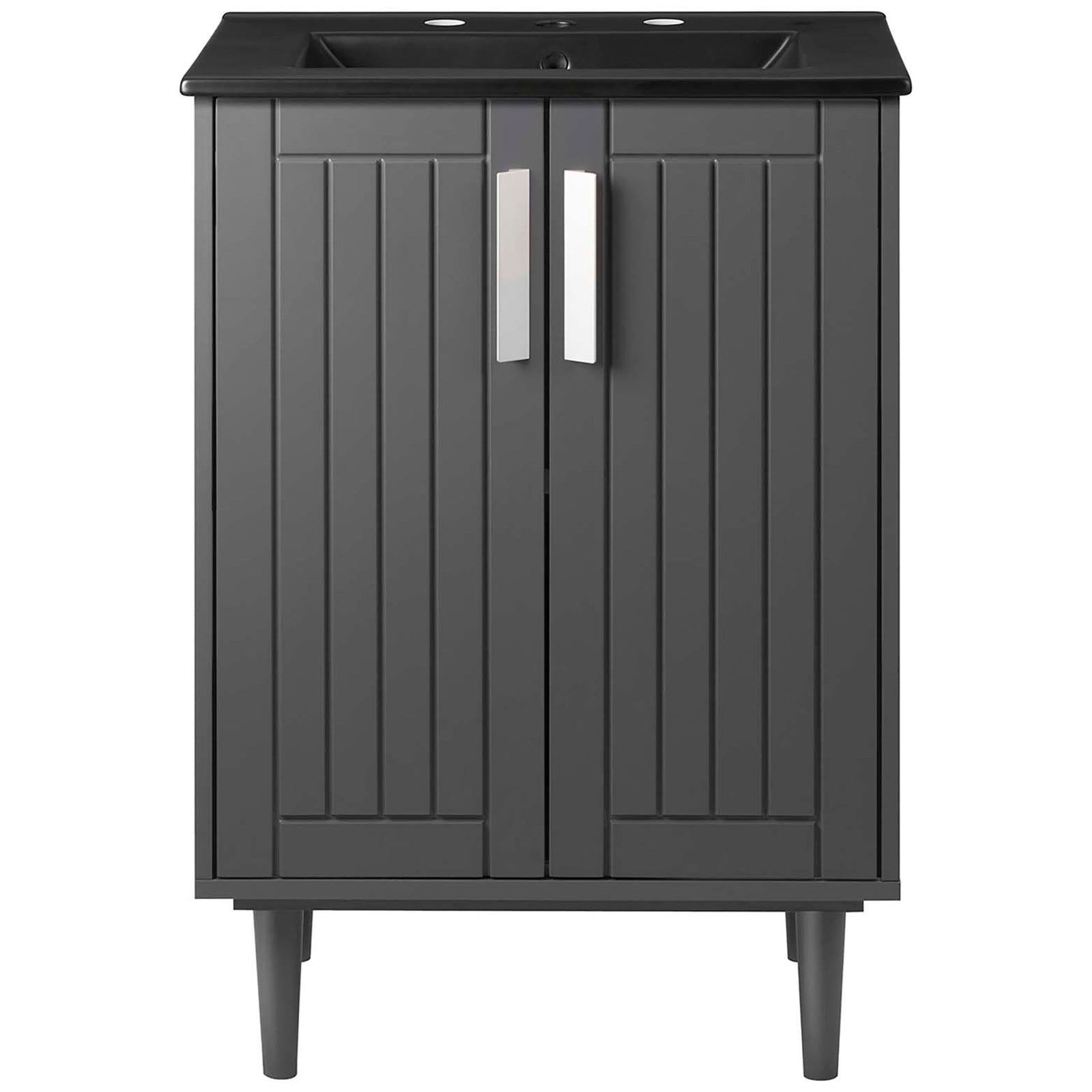 Crisp slatted doors and a bold black sink define this compact 24-inch vanity || EEI-5800-GRY-BLK || front_studio